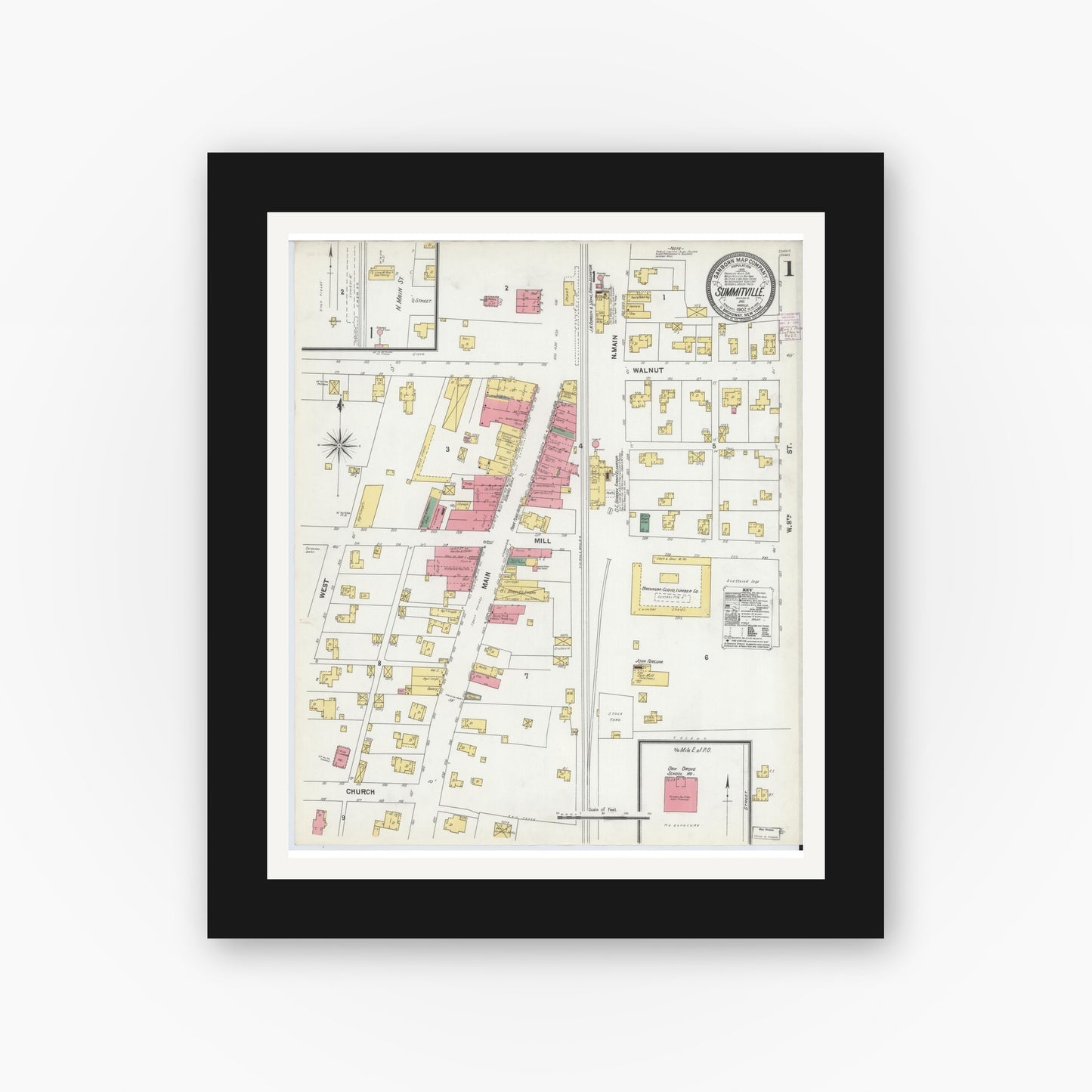 Old map wall art mockup — black gallery frame with white mat — Sanborn Fire Insurance Map from Summitville, Madison County, Indiana (1902) - Complete Map Set