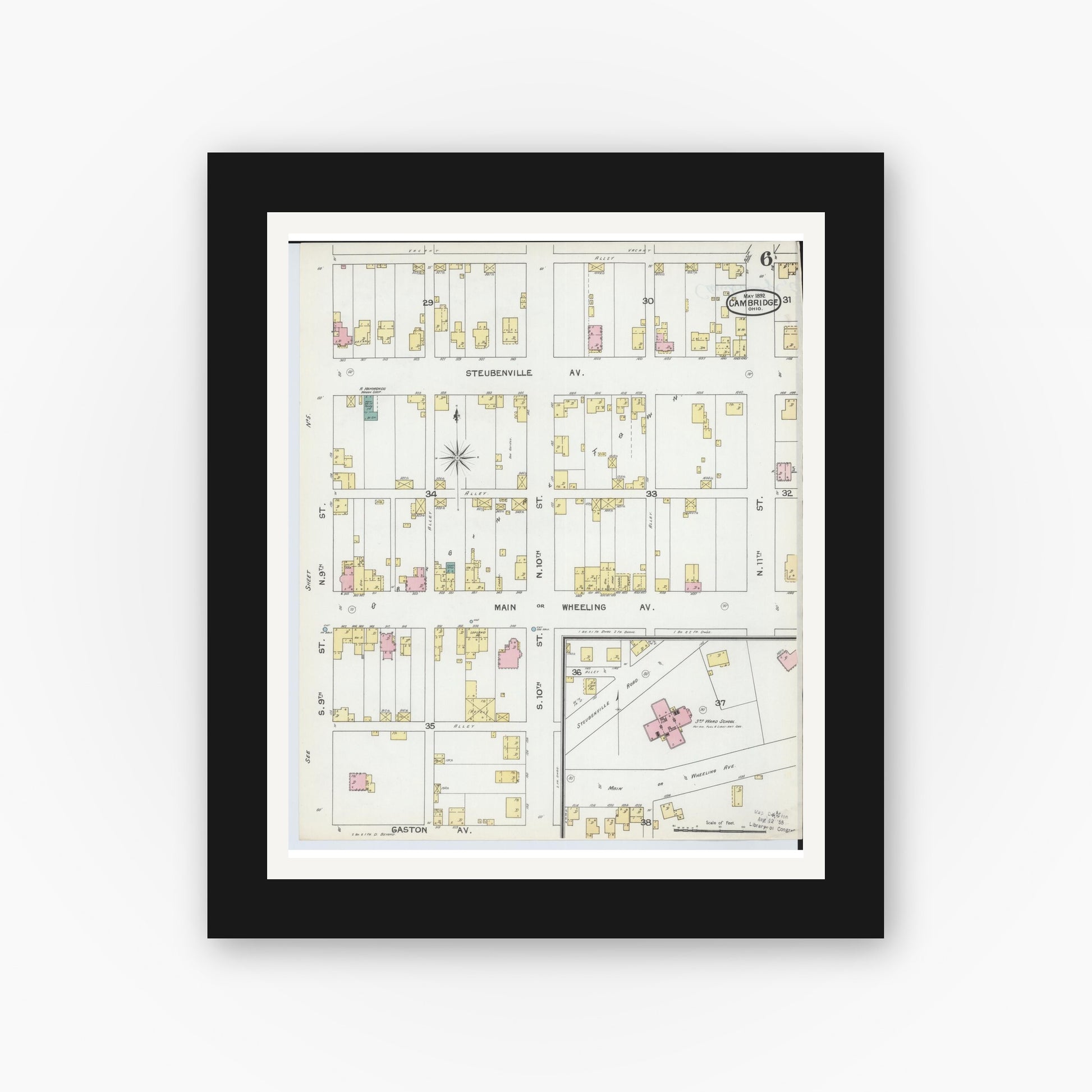 Old map wall art mockup — black gallery frame with white mat — Sanborn Fire Insurance Map from Cambridge, Guernsey County, Ohio (1892), Sheet #0006