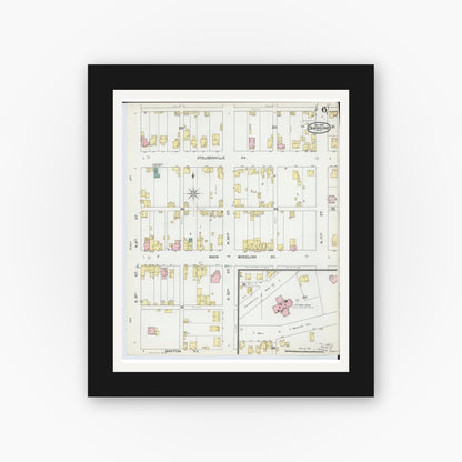 Old map wall art mockup — black gallery frame with white mat — Sanborn Fire Insurance Map from Cambridge, Guernsey County, Ohio (1892), Sheet #0006
