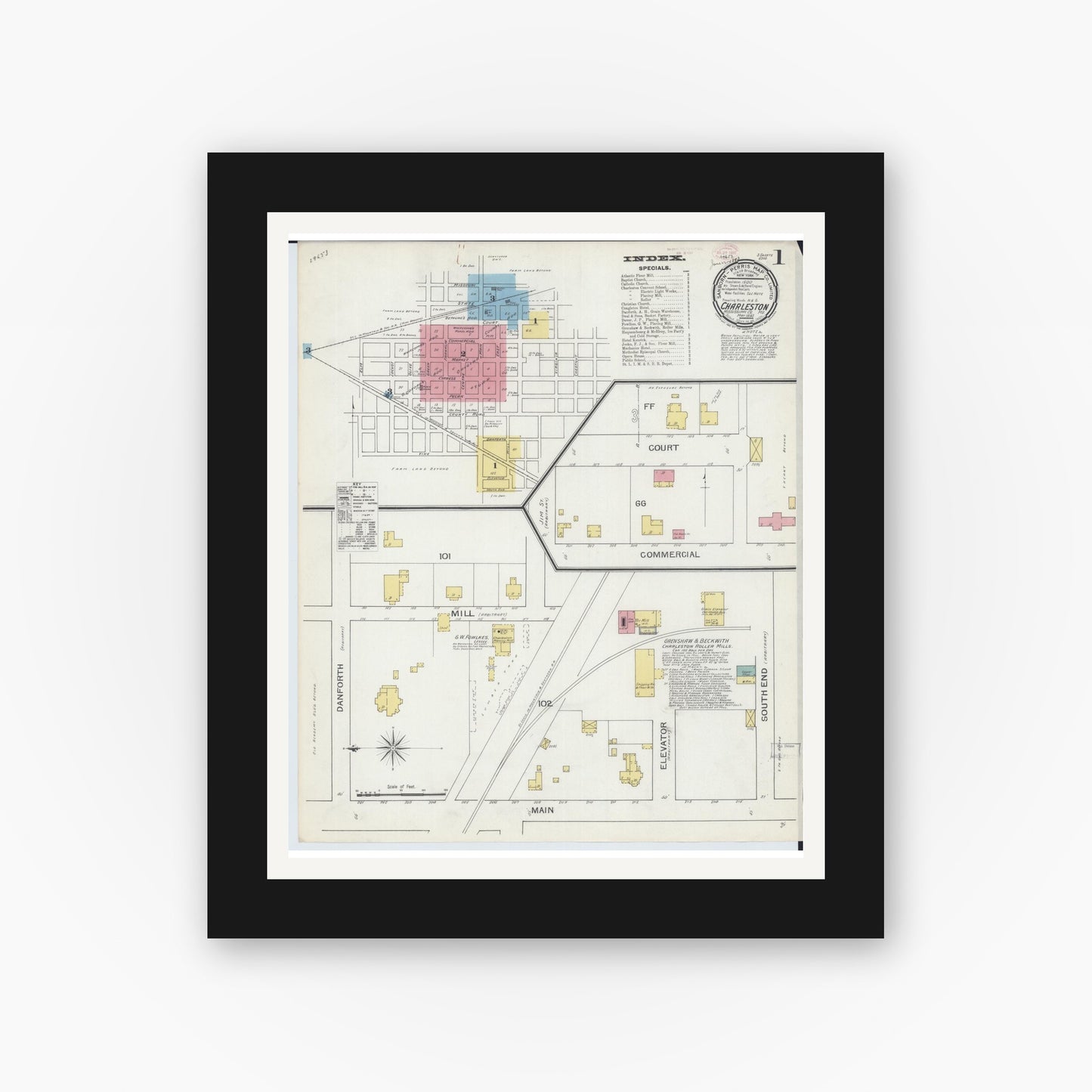 Old map wall art mockup — black gallery frame with white mat — Sanborn Fire Insurance Map from Charleston, Mississippi County, Missouri (1893) - Complete Map Set