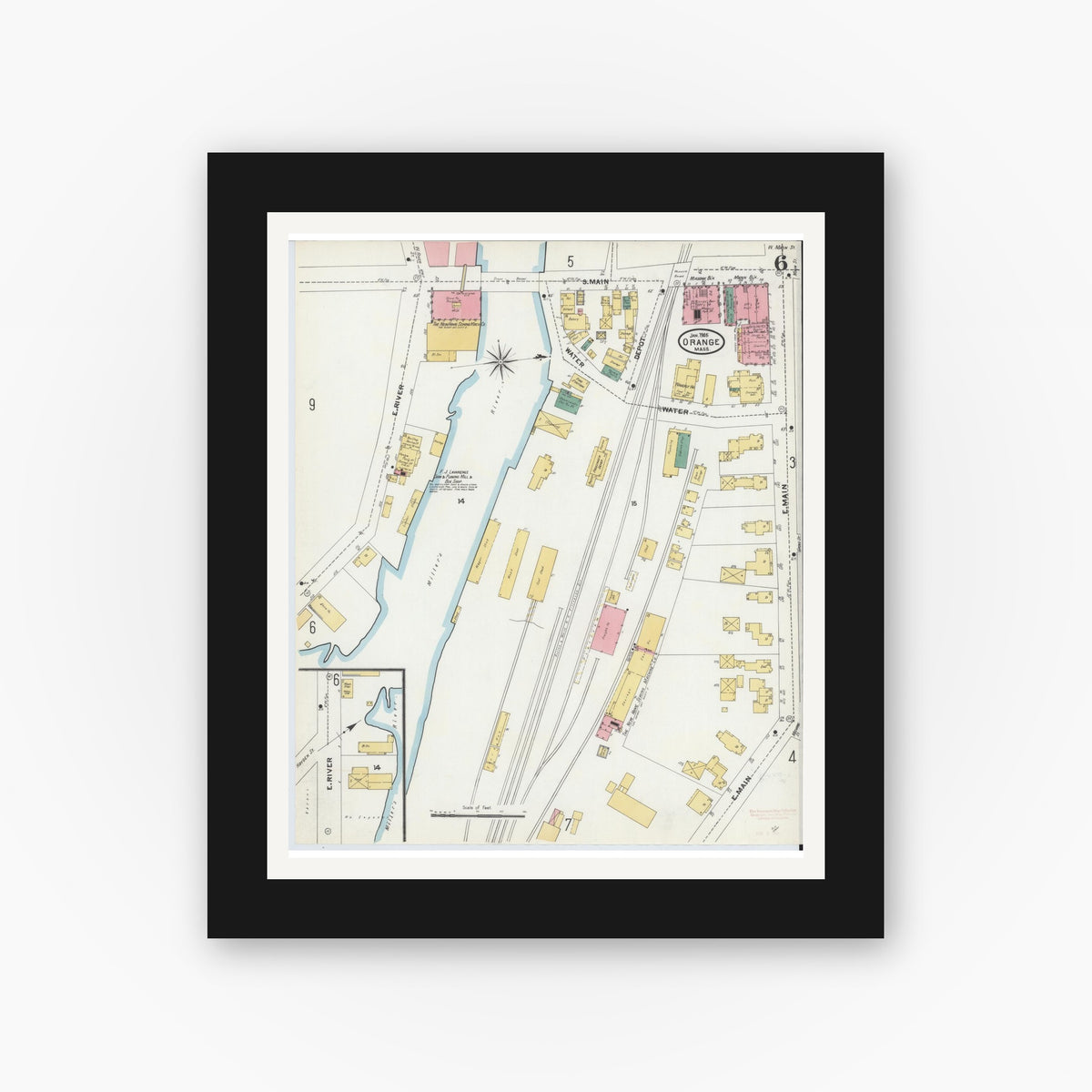 Old map wall art mockup — black gallery frame with white mat — Sanborn Fire Insurance Map from Orange, Franklin County, Massachusetts (1905), Sheet #0006