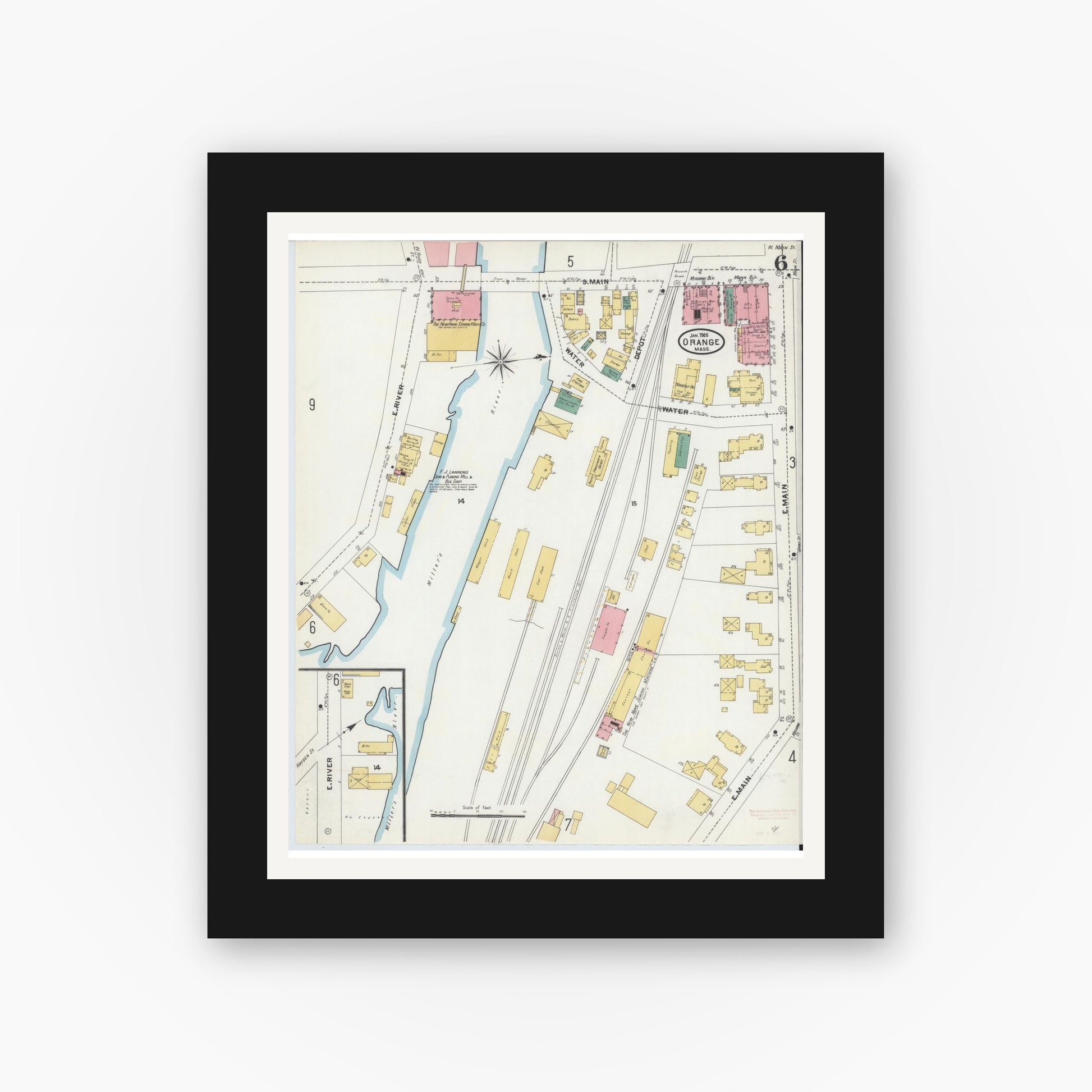 Old map wall art mockup — black gallery frame with white mat — Sanborn Fire Insurance Map from Orange, Franklin County, Massachusetts (1905), Sheet #0006