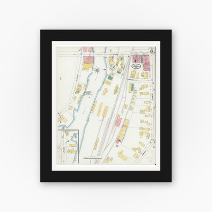Old map wall art mockup — black gallery frame with white mat — Sanborn Fire Insurance Map from Orange, Franklin County, Massachusetts (1905), Sheet #0006