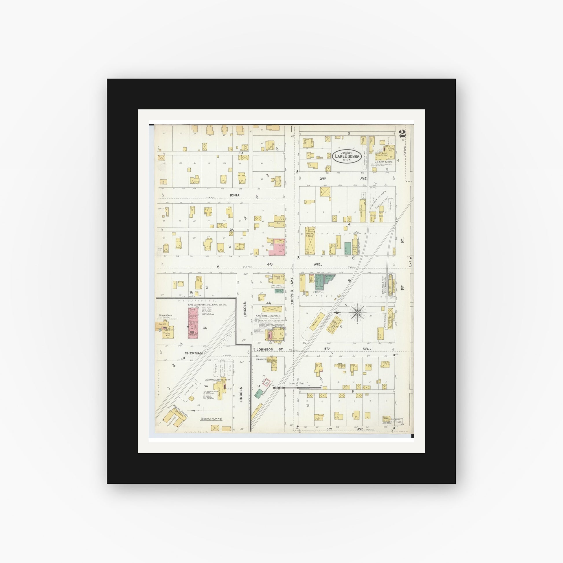Old map wall art mockup — black gallery frame with white mat — Sanborn Fire Insurance Map from Lake Odessa, Ionia County, Michigan (1904), Sheet #0002