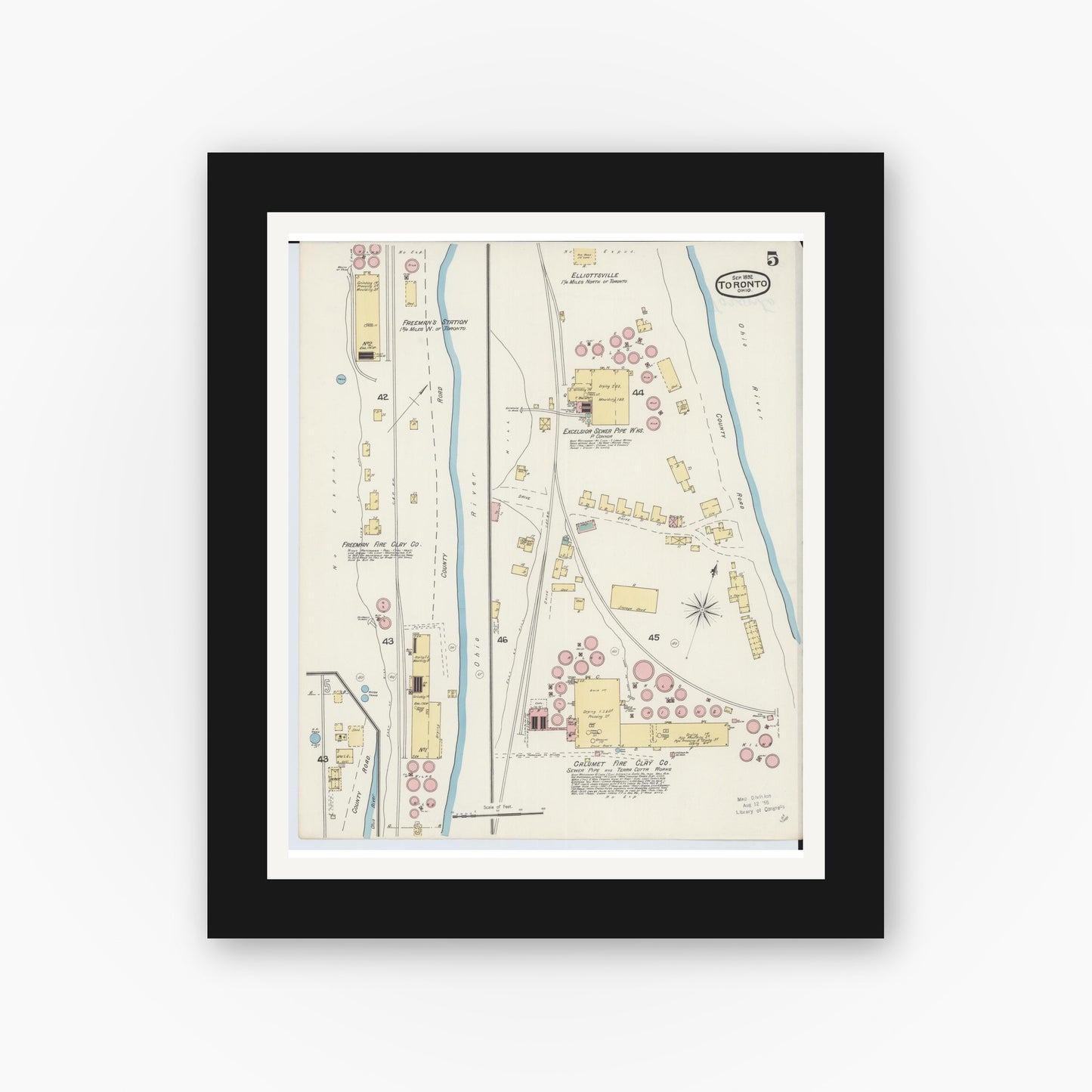 Old map wall art mockup — black gallery frame with white mat — Sanborn Fire Insurance Map from Toronto, Jefferson County, Ohio (1892), Sheet #0005