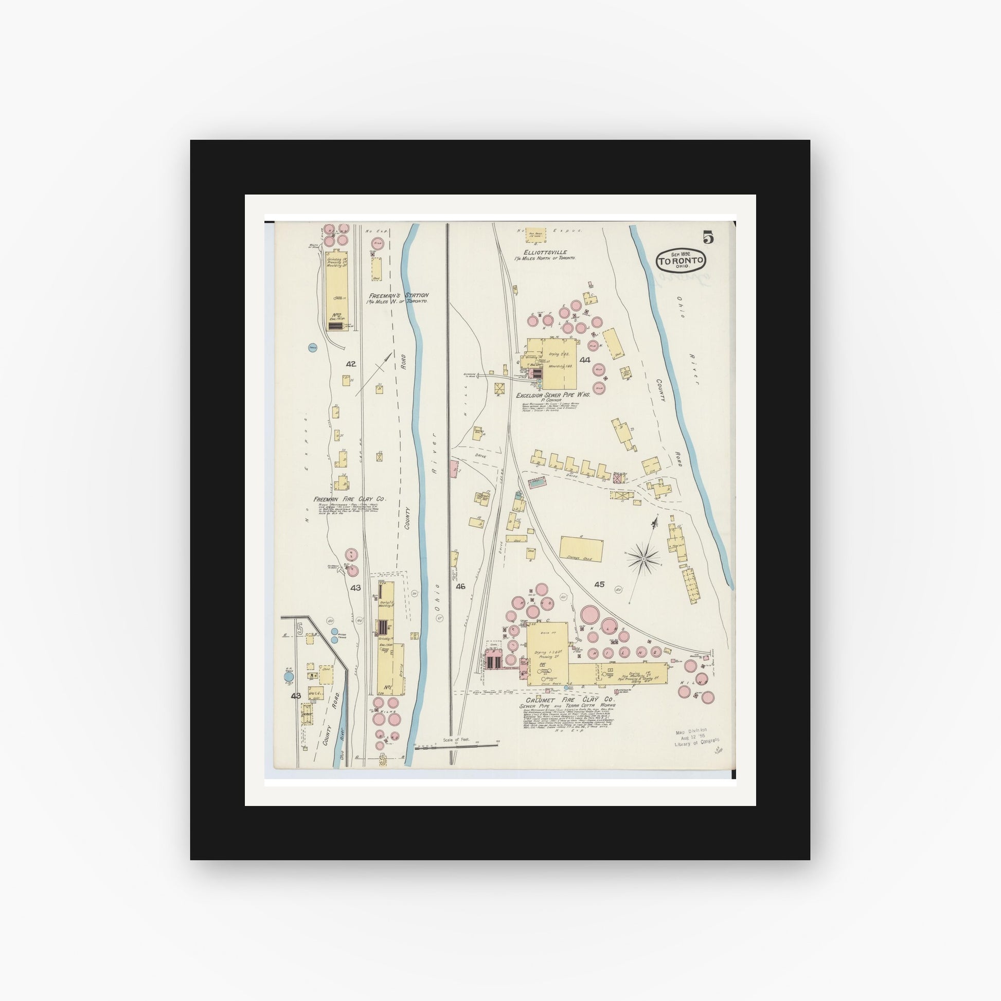 Old map wall art mockup — black gallery frame with white mat — Sanborn Fire Insurance Map from Toronto, Jefferson County, Ohio (1892), Sheet #0005
