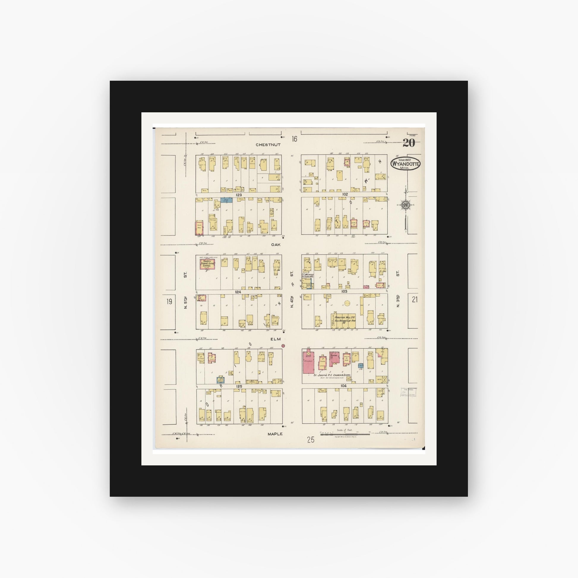 Old map wall art mockup — black gallery frame with white mat — Sanborn Fire Insurance Map from Wyandotte, Wayne County, Michigan (1922), Sheet #0020