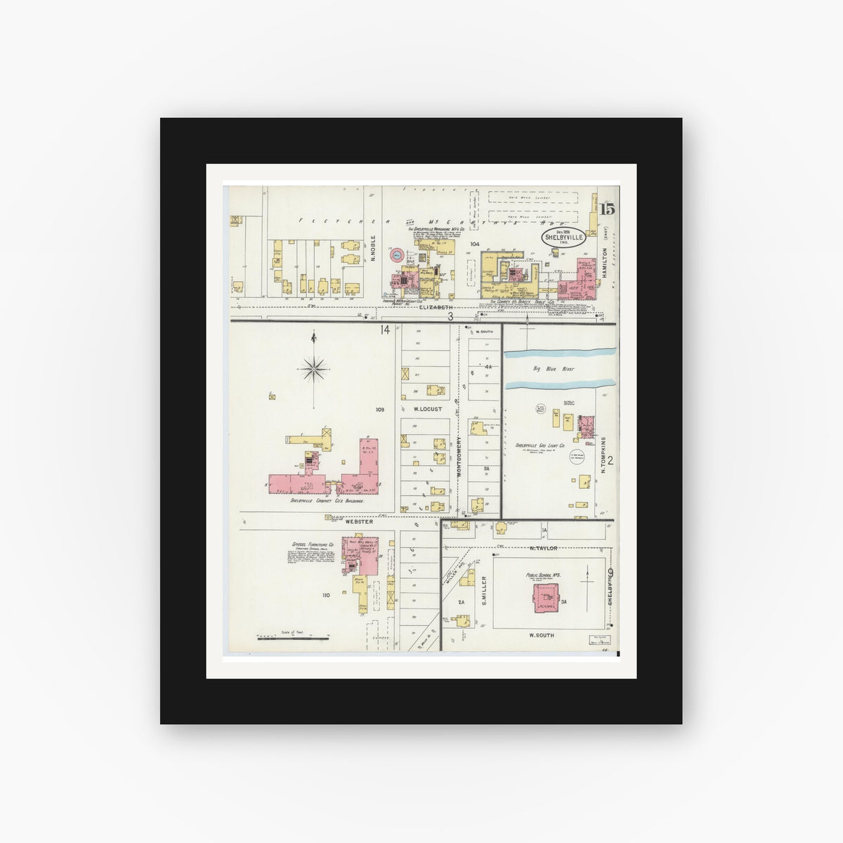 Old map wall art mockup — black gallery frame with white mat — Sanborn Fire Insurance Map from Shelbyville, Shelby County, Indiana (1898), Sheet #0015