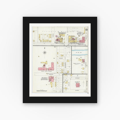 Old map wall art mockup — black gallery frame with white mat — Sanborn Fire Insurance Map from Shelbyville, Shelby County, Indiana (1898), Sheet #0015