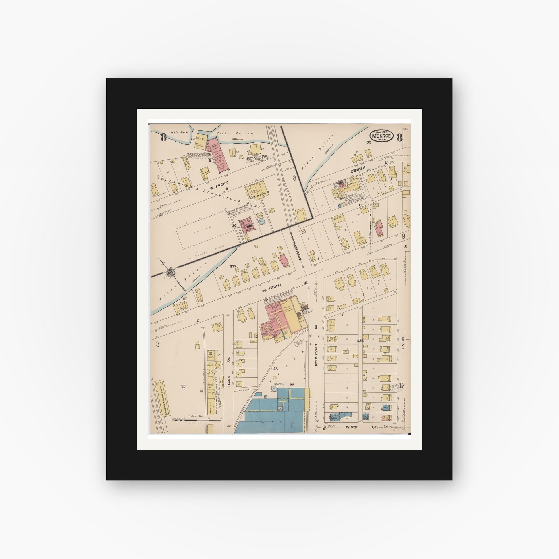 Old map wall art mockup — black gallery frame with white mat — Sanborn Fire Insurance Map from Monroe, Monroe County, Michigan (1922), Sheet #0008