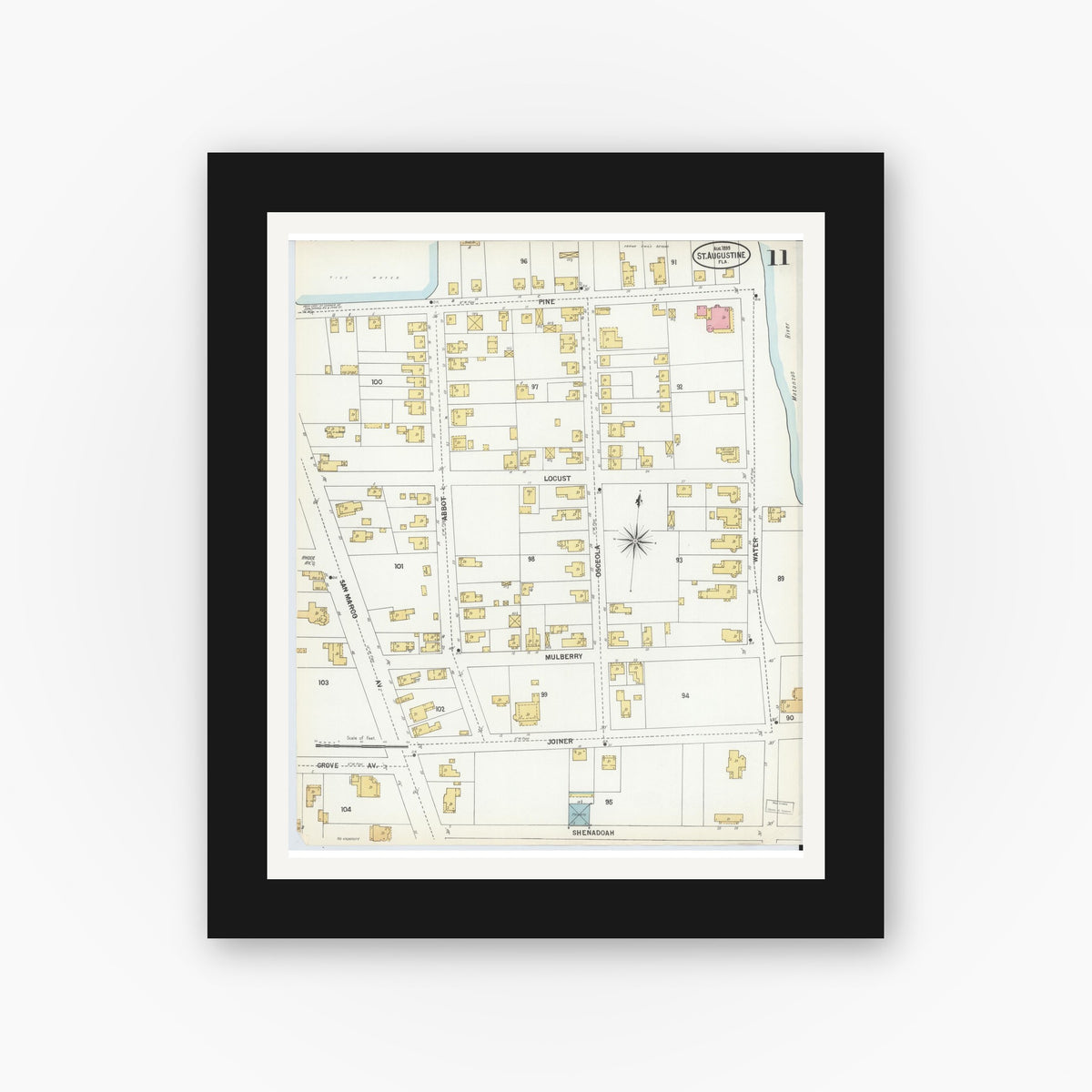 Old map wall art mockup — black gallery frame with white mat — Sanborn Fire Insurance Map from Saint Augustine, Saint John's County, Florida (1899), Sheet #0011