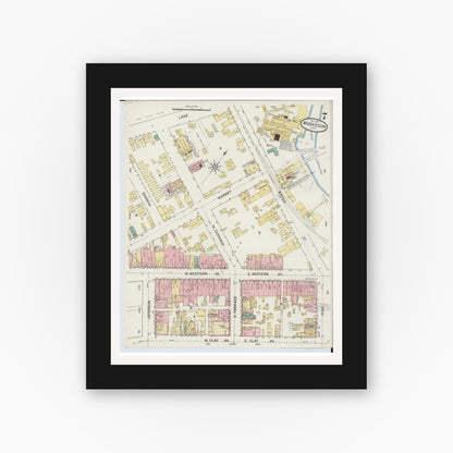 Old map wall art mockup — black gallery frame with white mat — Sanborn Fire Insurance Map from Muskegon, Muskegon County, Michigan (1887), Sheet #0007