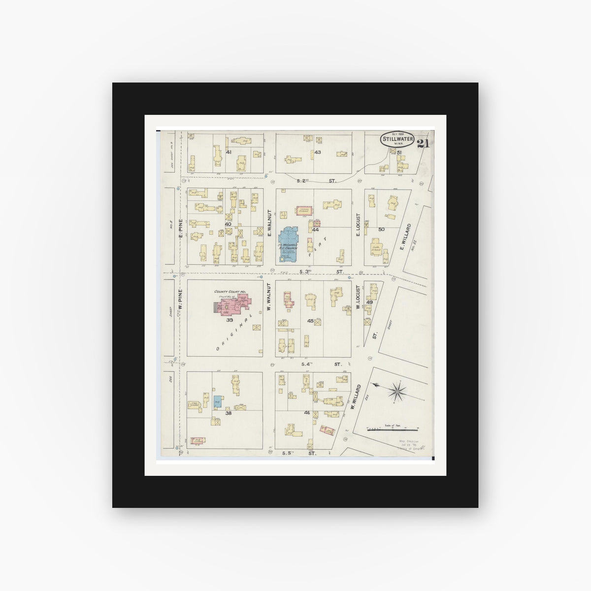 Old map wall art mockup — black gallery frame with white mat — Sanborn Fire Insurance Map from Stillwater, Washington County, Minnesota (1888), Sheet #0021
