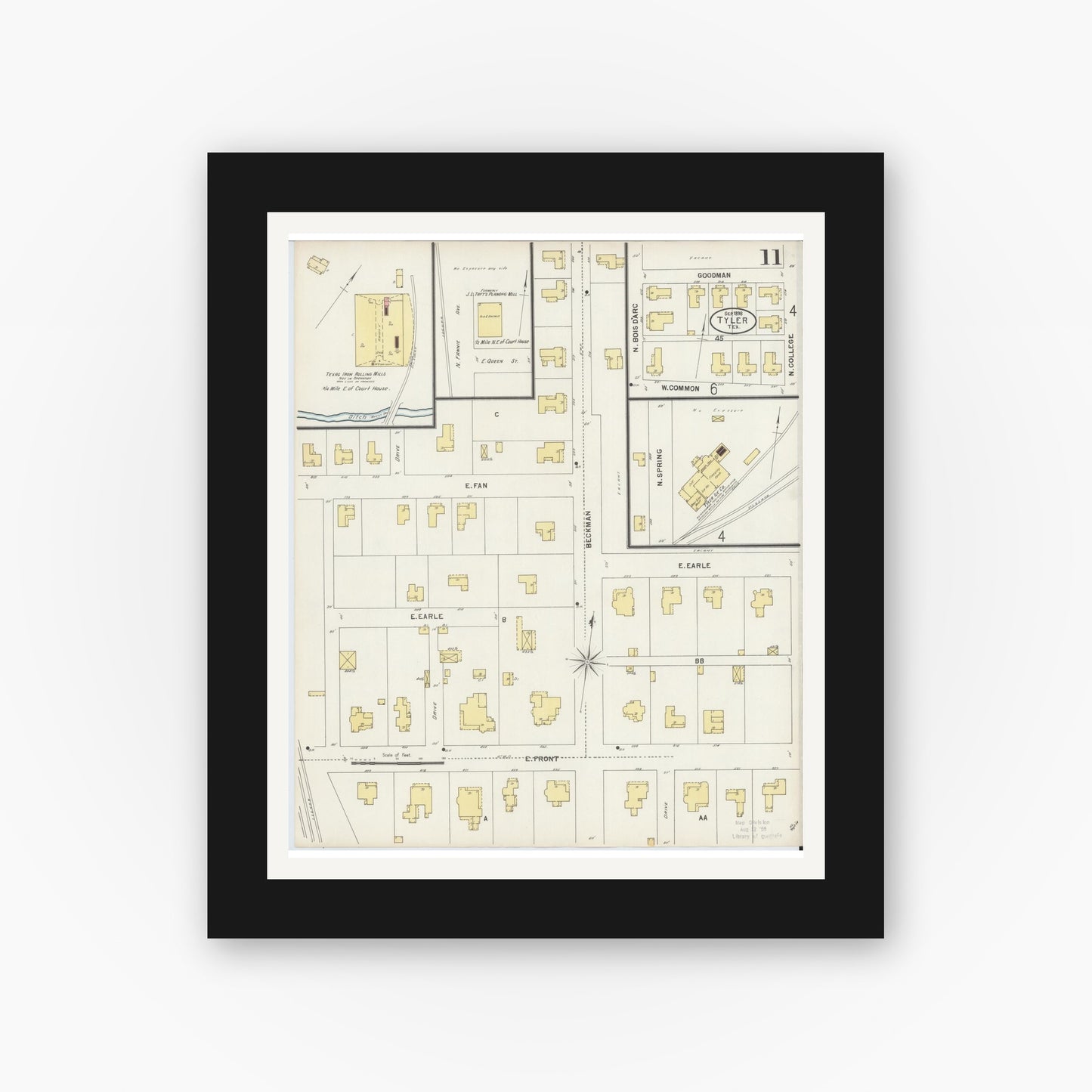 Old map wall art mockup — black gallery frame with white mat — Sanborn Fire Insurance Map from Tyler, Smith County, Texas (1898), Sheet #0011