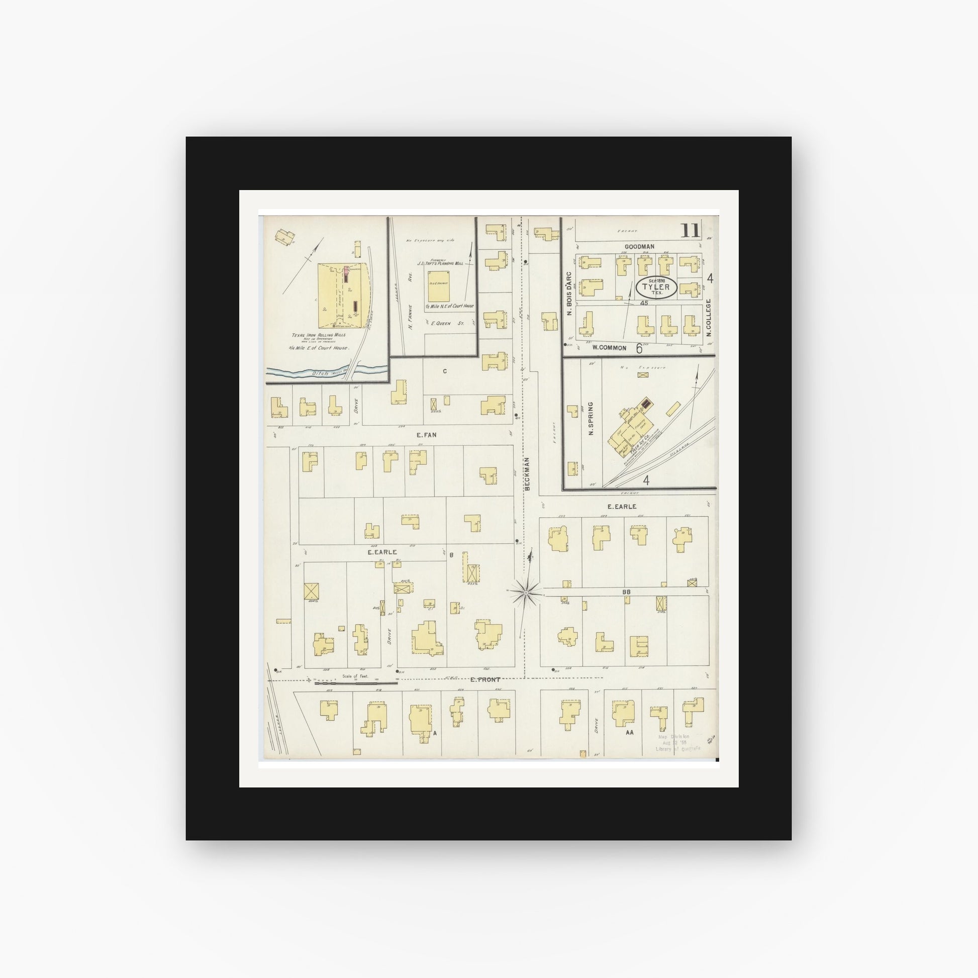 Old map wall art mockup — black gallery frame with white mat — Sanborn Fire Insurance Map from Tyler, Smith County, Texas (1898), Sheet #0011