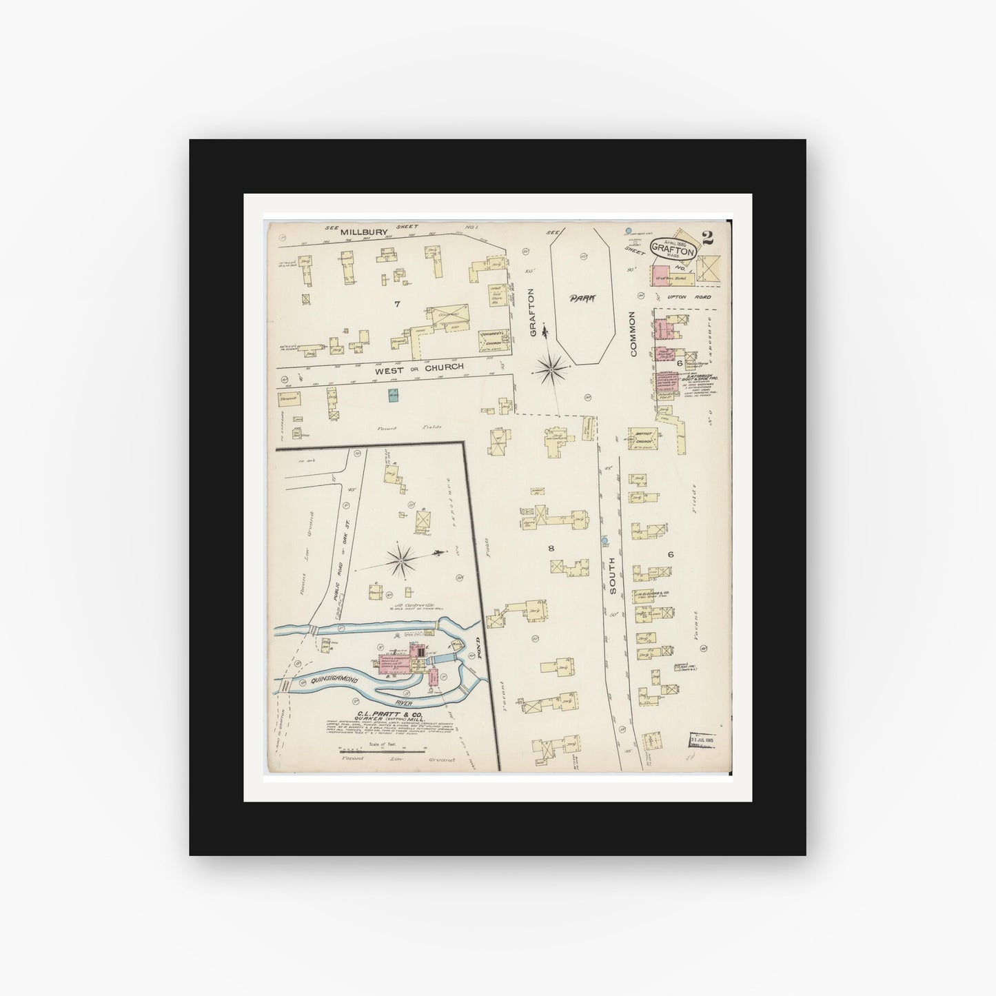 Old map wall art mockup — black gallery frame with white mat — Sanborn Fire Insurance Map from Grafton, Worcester County, Massachusetts (1885), Sheet #0002