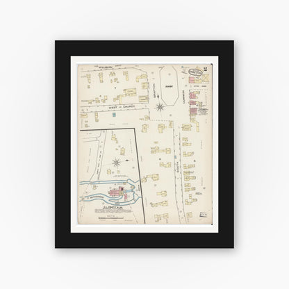 Old map wall art mockup — black gallery frame with white mat — Sanborn Fire Insurance Map from Grafton, Worcester County, Massachusetts (1885), Sheet #0002