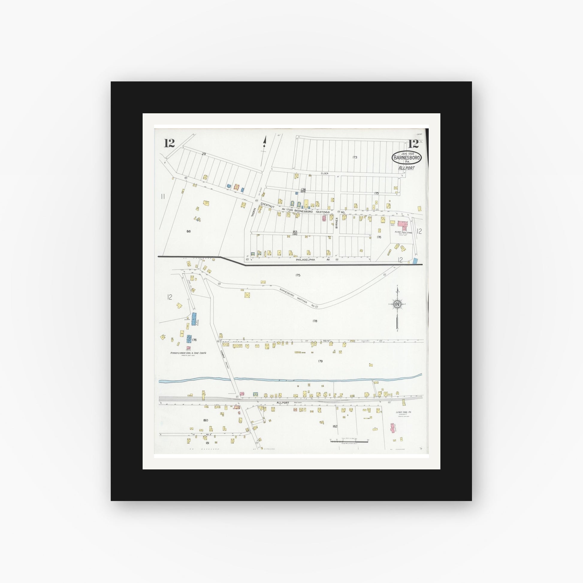 Old map wall art mockup — black gallery frame with white mat — Sanborn Fire Insurance Map from Barnesboro, Cambria County, Pennsylvania (1930), Sheet #0012