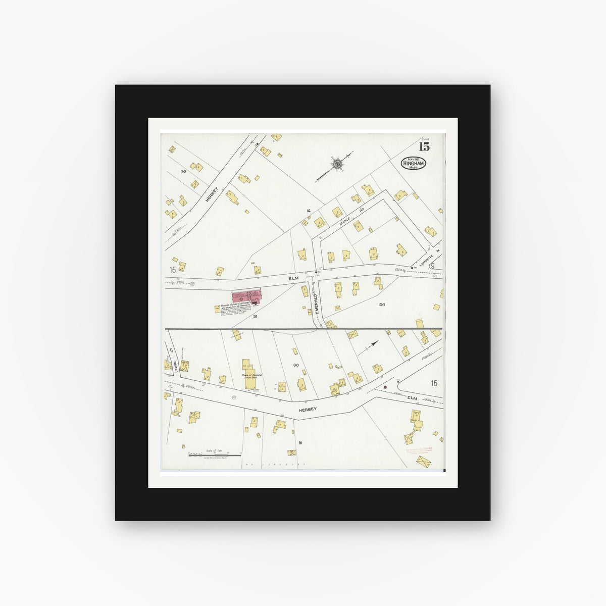 Old map wall art mockup — black gallery frame with white mat — Sanborn Fire Insurance Map from Hingham, Plymouth County, Massachusetts (1921), Sheet #0015