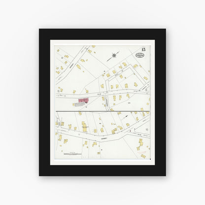 Old map wall art mockup — black gallery frame with white mat — Sanborn Fire Insurance Map from Hingham, Plymouth County, Massachusetts (1921), Sheet #0015