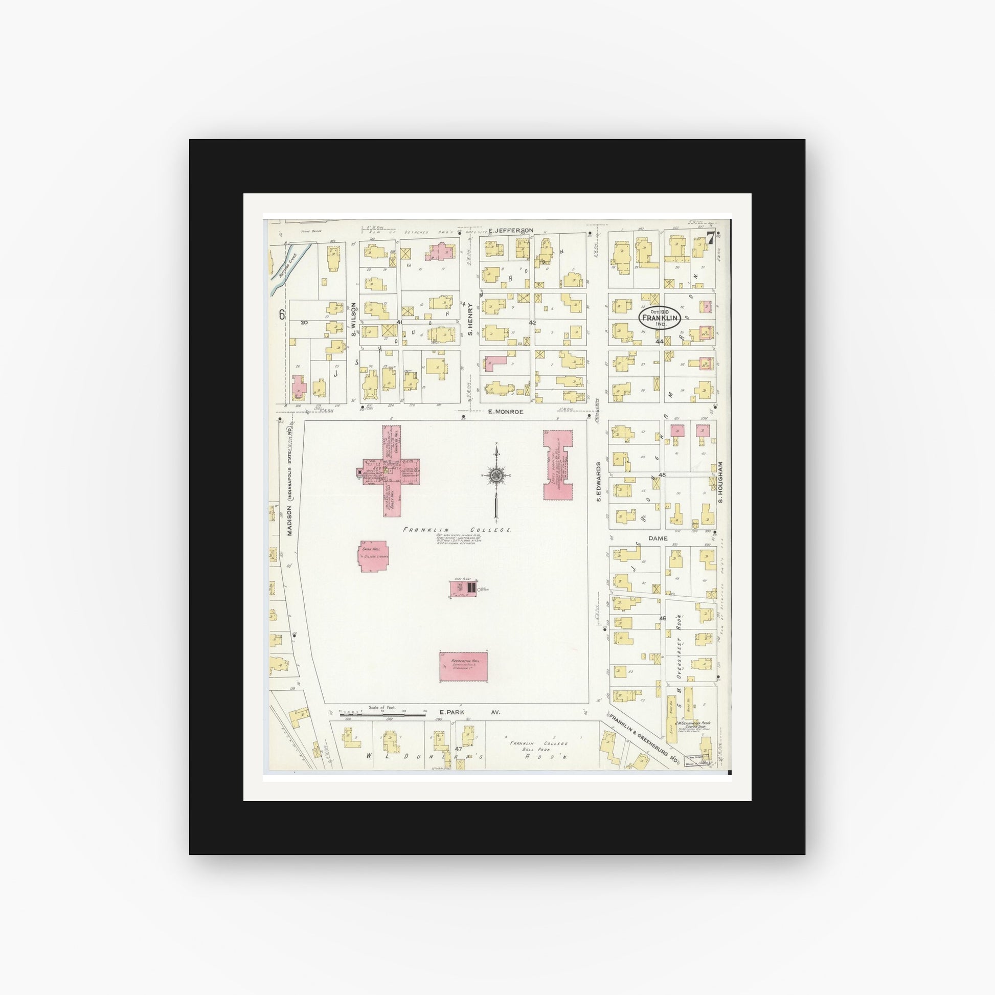 Old map wall art mockup — black gallery frame with white mat — Sanborn Fire Insurance Map from Franklin, Johnson County, Indiana (1910), Sheet #0007