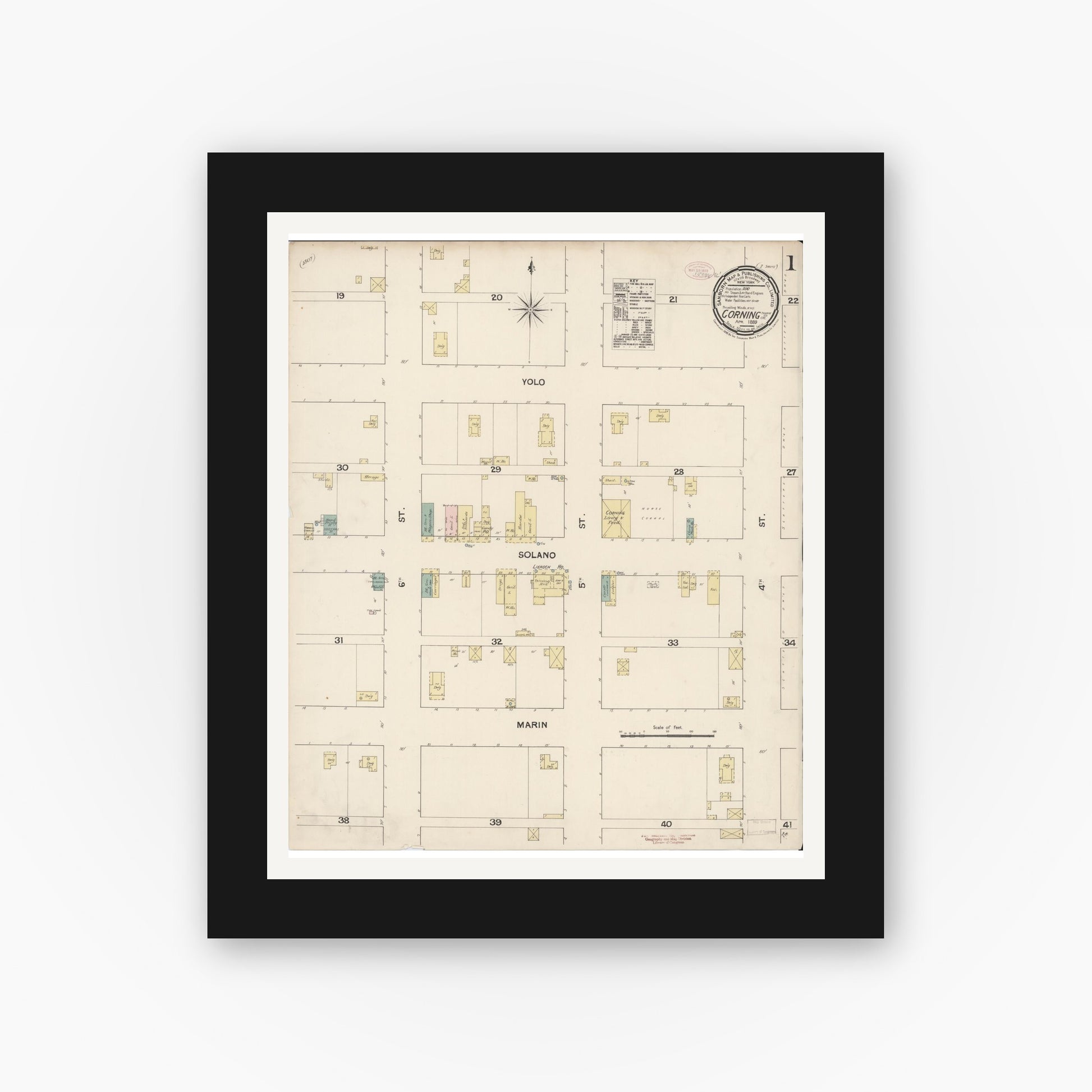 Old map wall art mockup — black gallery frame with white mat — Sanborn Fire Insurance Map from Corning, Tehama County, California (1889) - Complete Map Set
