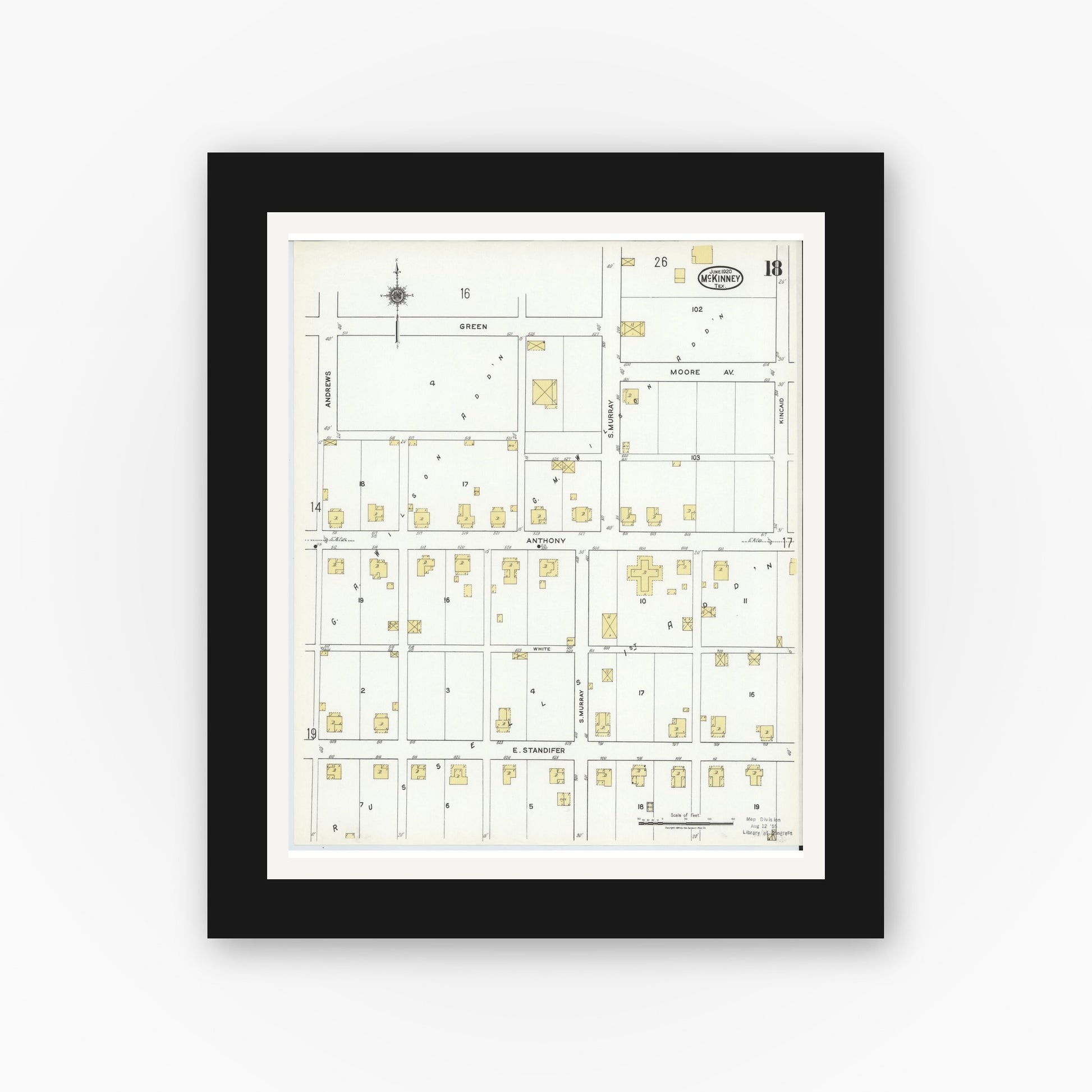 Old map wall art mockup — black gallery frame with white mat — Sanborn Fire Insurance Map from McKinney, Collin County, Texas (1920), Sheet #0018