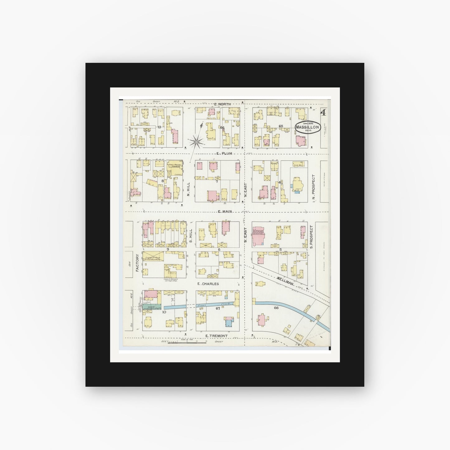 Old map wall art mockup — black gallery frame with white mat — Sanborn Fire Insurance Map from Massillon, Stark County, Ohio (1892), Sheet #0004