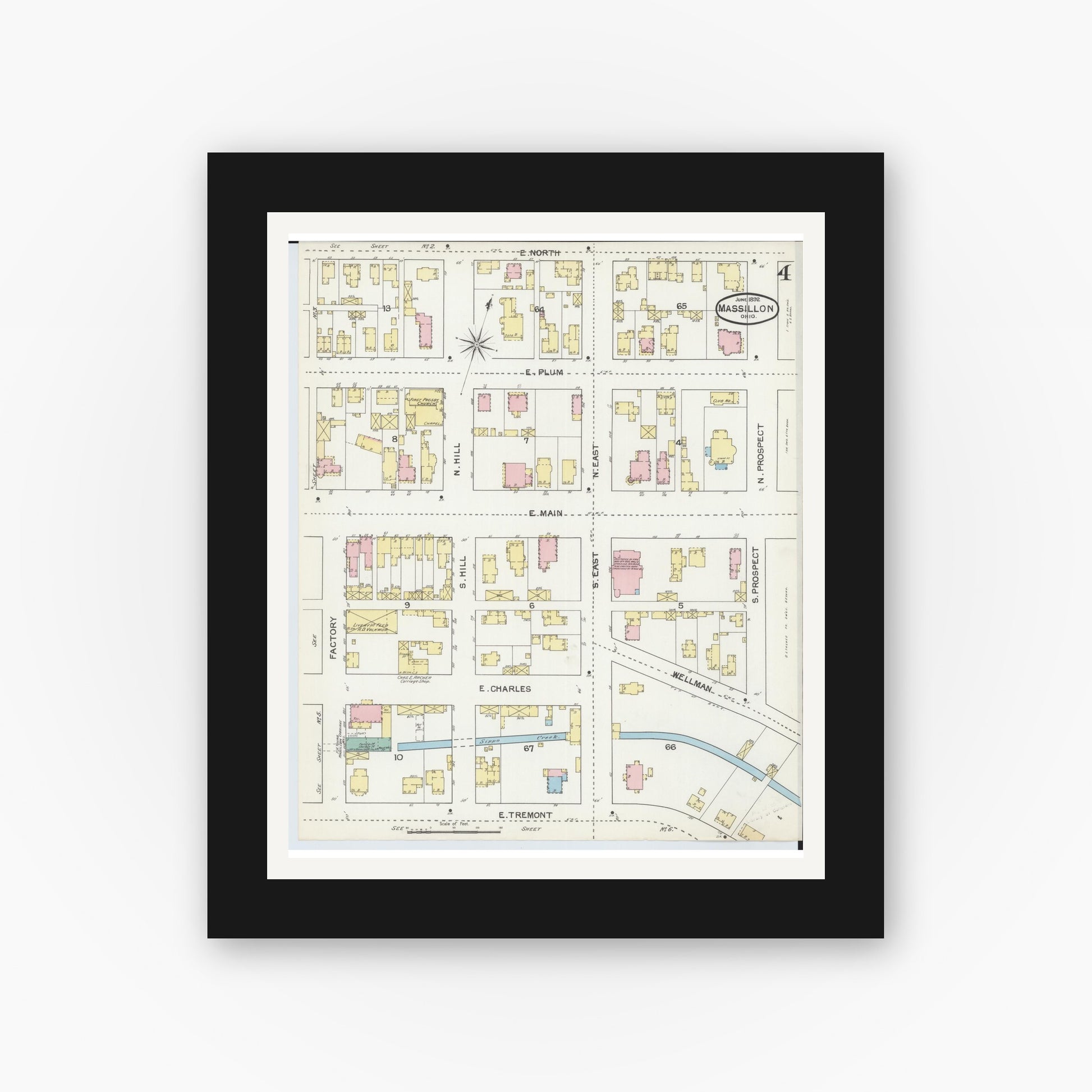 Old map wall art mockup — black gallery frame with white mat — Sanborn Fire Insurance Map from Massillon, Stark County, Ohio (1892), Sheet #0004