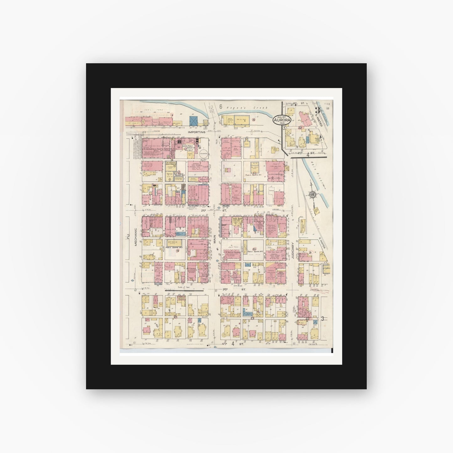 Old map wall art mockup — black gallery frame with white mat — Sanborn Fire Insurance Map from Aurora, Dearborn County, Indiana (1935), Sheet #0003