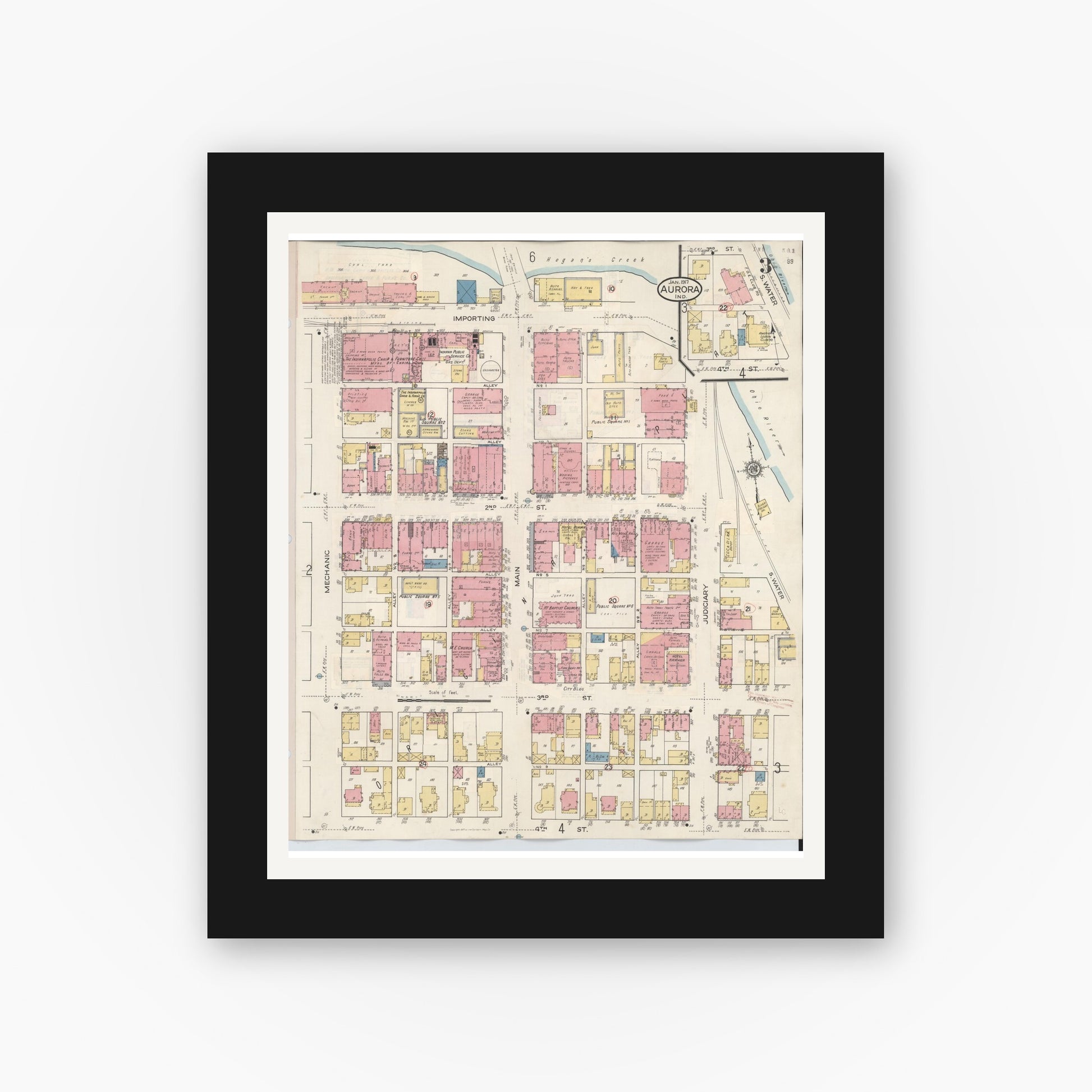 Old map wall art mockup — black gallery frame with white mat — Sanborn Fire Insurance Map from Aurora, Dearborn County, Indiana (1935), Sheet #0003