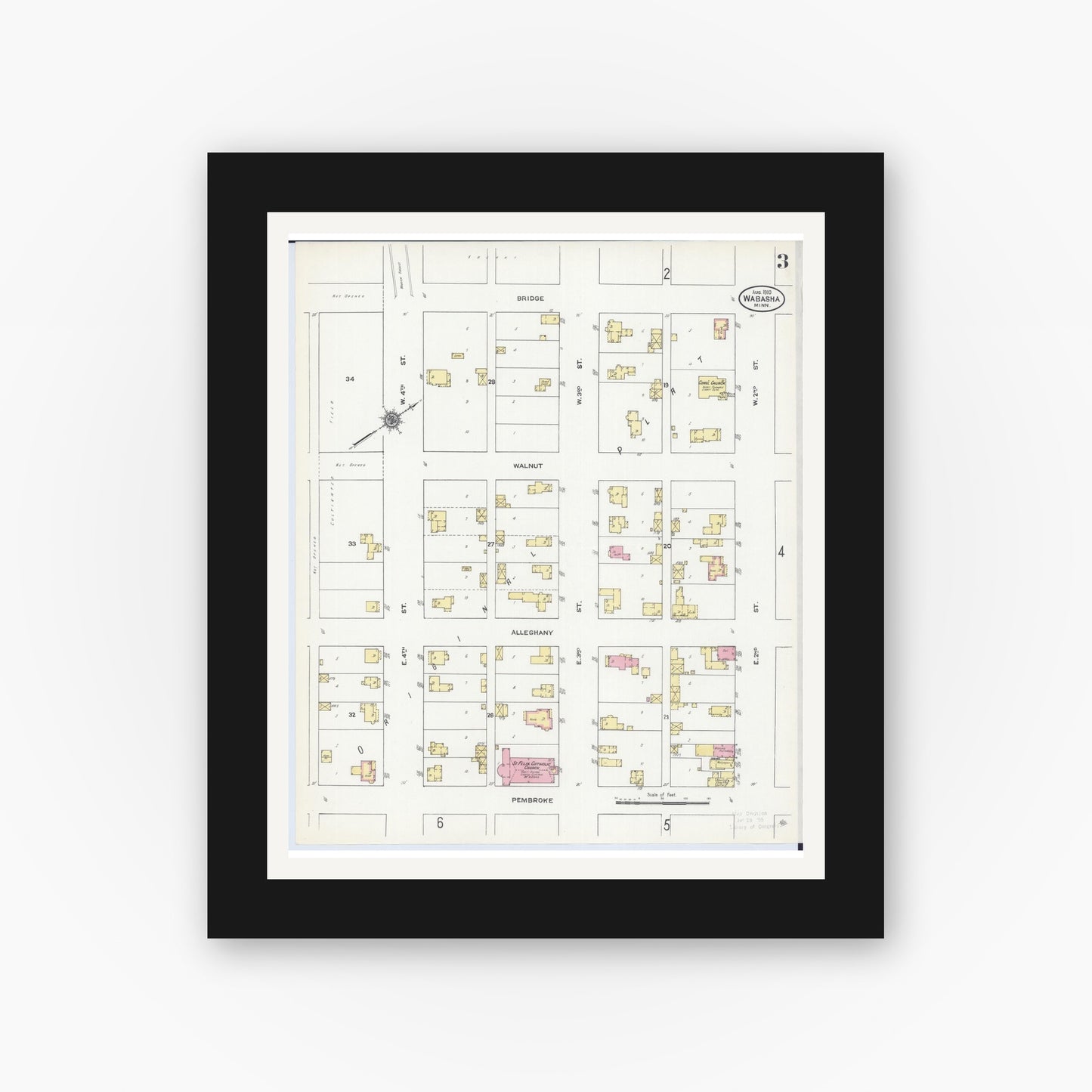 Old map wall art mockup — black gallery frame with white mat — Sanborn Fire Insurance Map from Wabasha, Wabasha County, Minnesota (1910), Sheet #0003