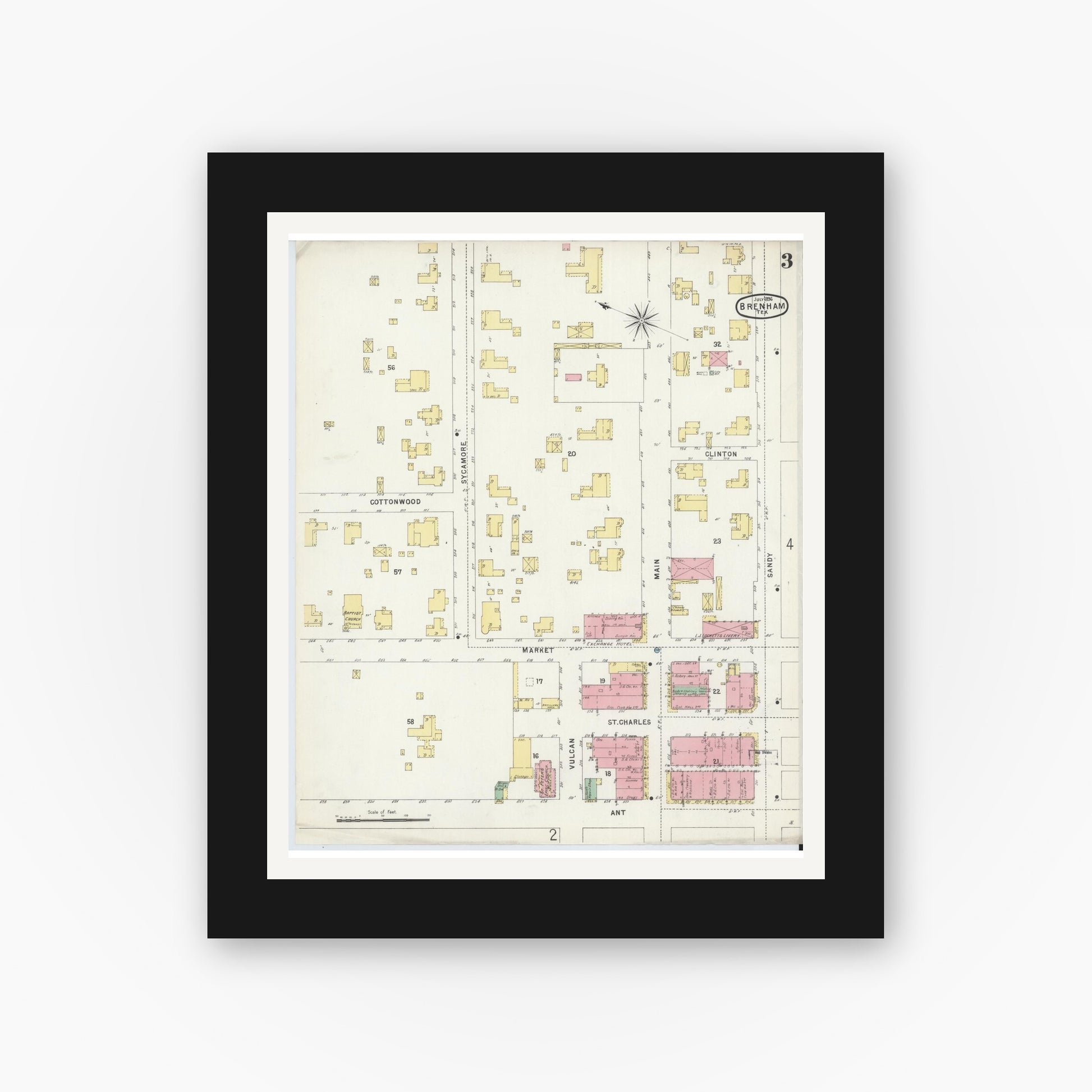 Old map wall art mockup — black gallery frame with white mat — Sanborn Fire Insurance Map from Brenham, Washington County, Texas (1896), Sheet #0003