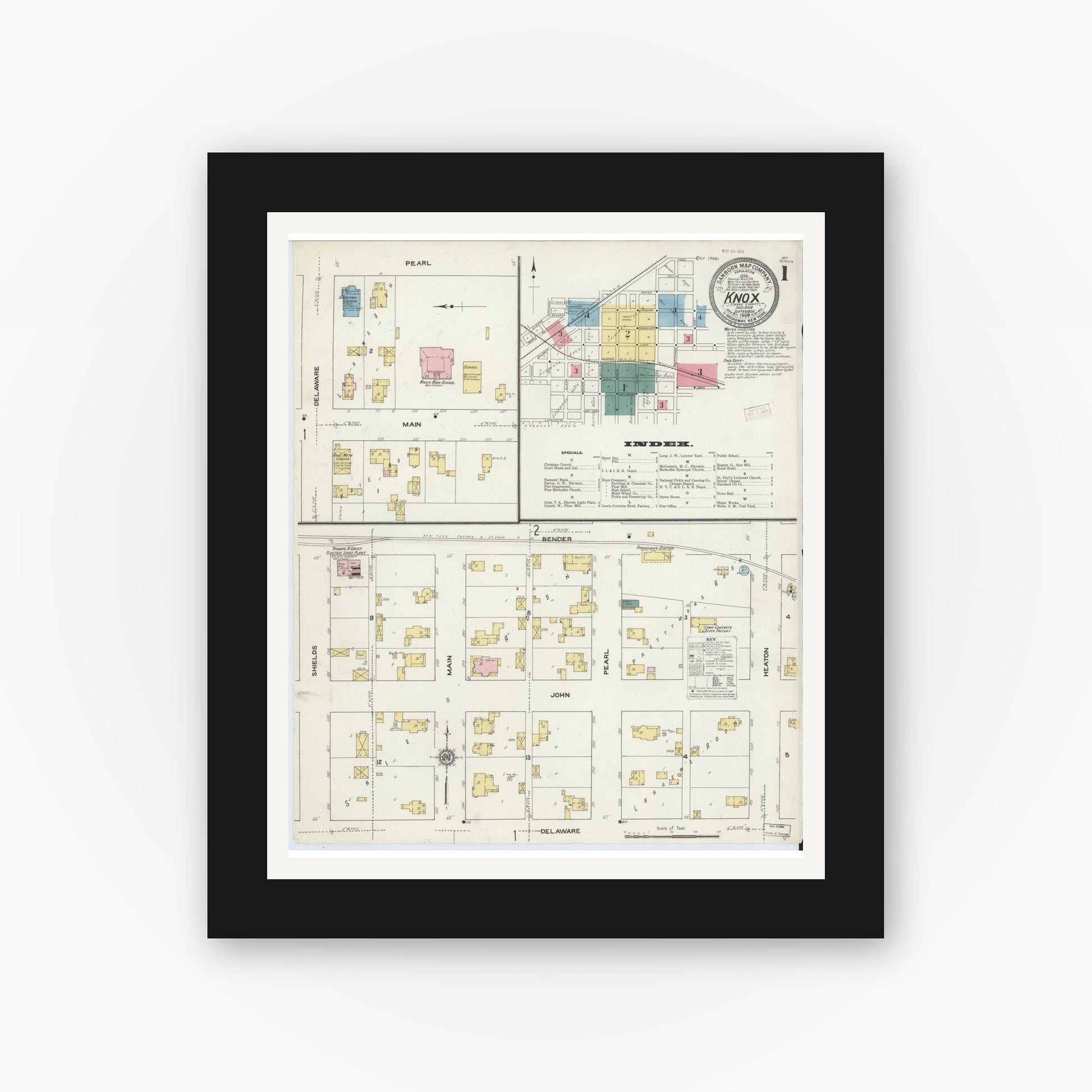 Old map wall art mockup — black gallery frame with white mat — Sanborn Fire Insurance Map from Knox, Starke County, Indiana (1909) - Complete Map Set