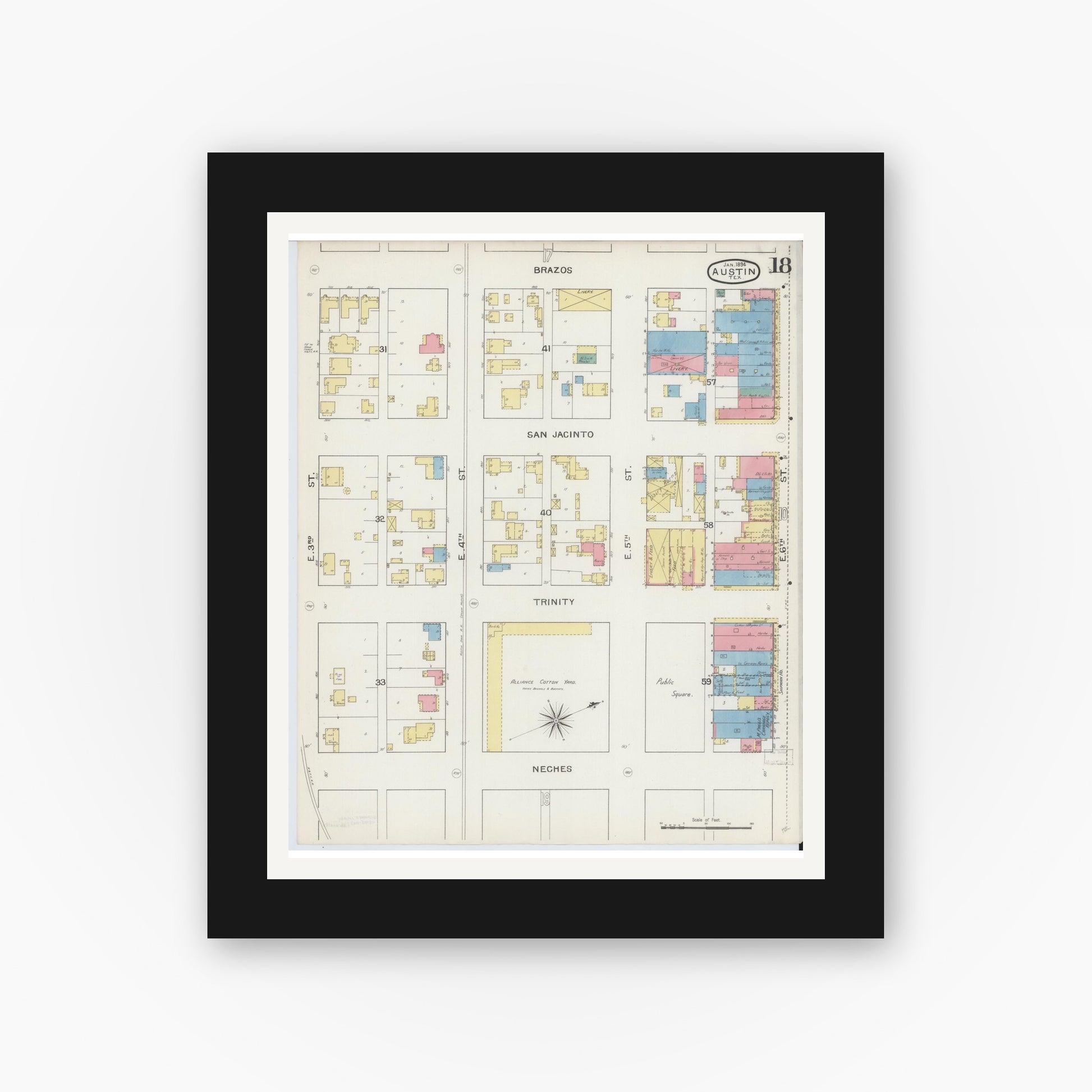 Old map wall art mockup — black gallery frame with white mat — Sanborn Fire Insurance Map from Austin, Travis County, Texas (1894), Sheet #0018