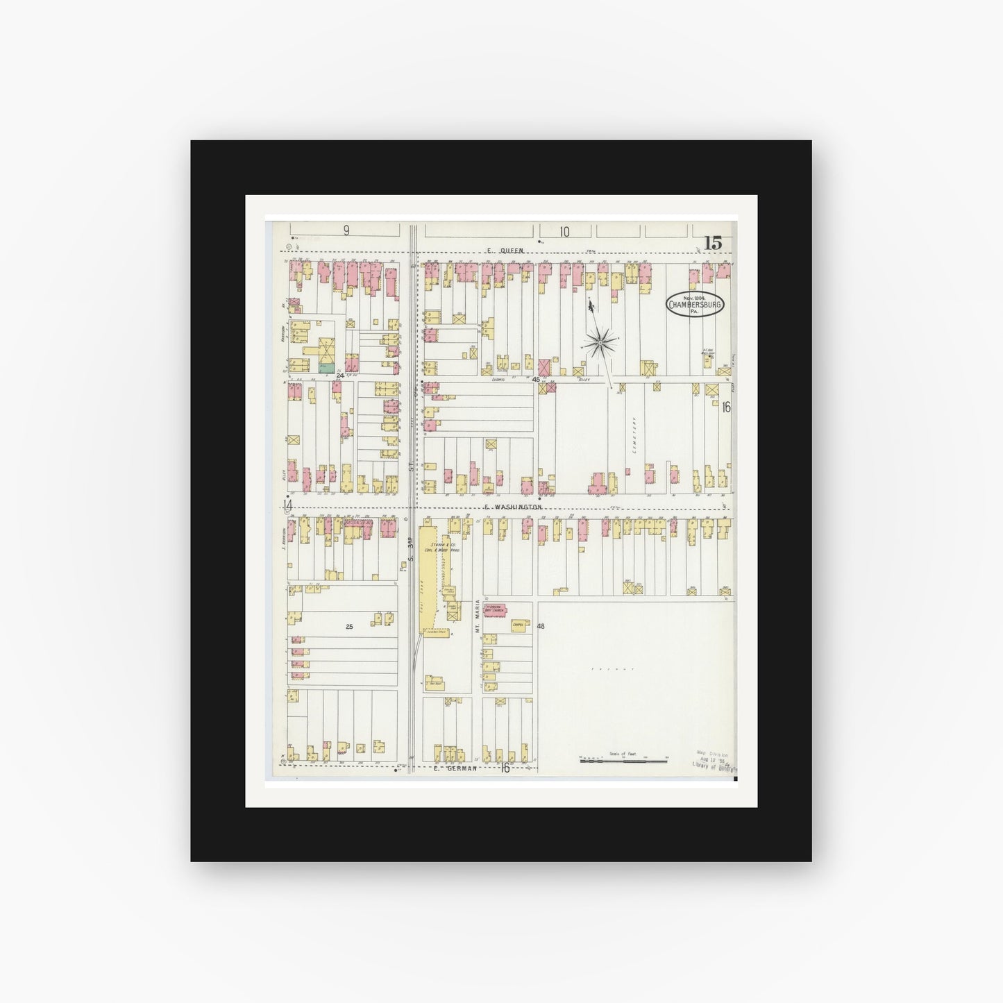 Old map wall art mockup — black gallery frame with white mat — Sanborn Fire Insurance Map from Chambersburg, Franklin County, Pennsylvania (1904), Sheet #0015