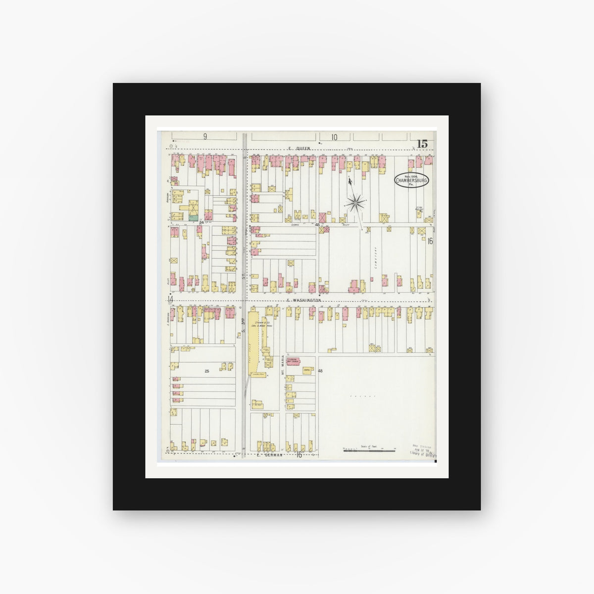 Old map wall art mockup — black gallery frame with white mat — Sanborn Fire Insurance Map from Chambersburg, Franklin County, Pennsylvania (1904), Sheet #0015