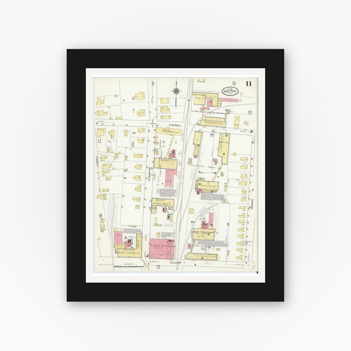 Old map wall art mockup — black gallery frame with white mat — Sanborn Fire Insurance Map from High Point, Guilford County, North Carolina (1911), Sheet #0011