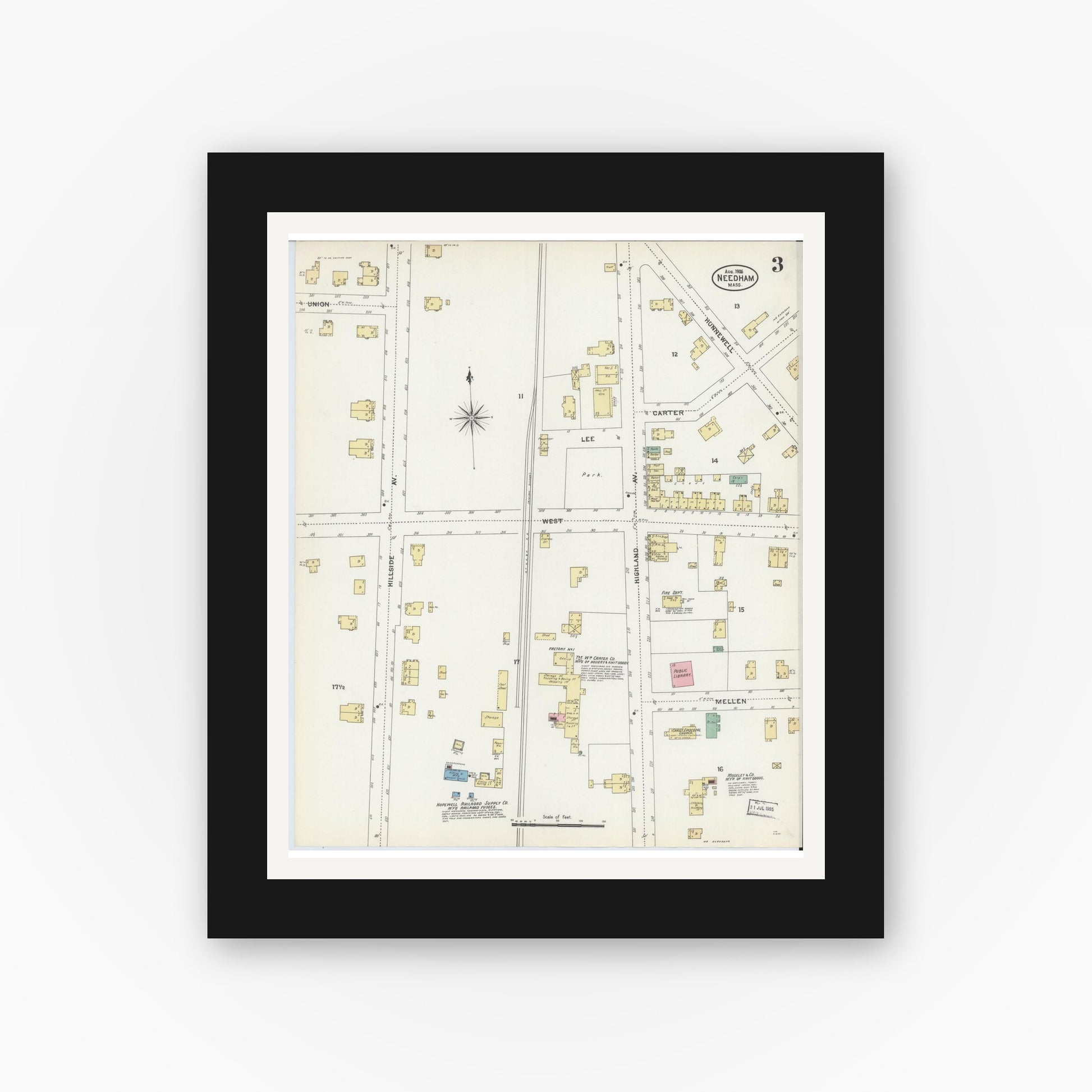 Old map wall art mockup — black gallery frame with white mat — Sanborn Fire Insurance Map from Needham, Norfolk County, Massachusetts (1906), Sheet #0003