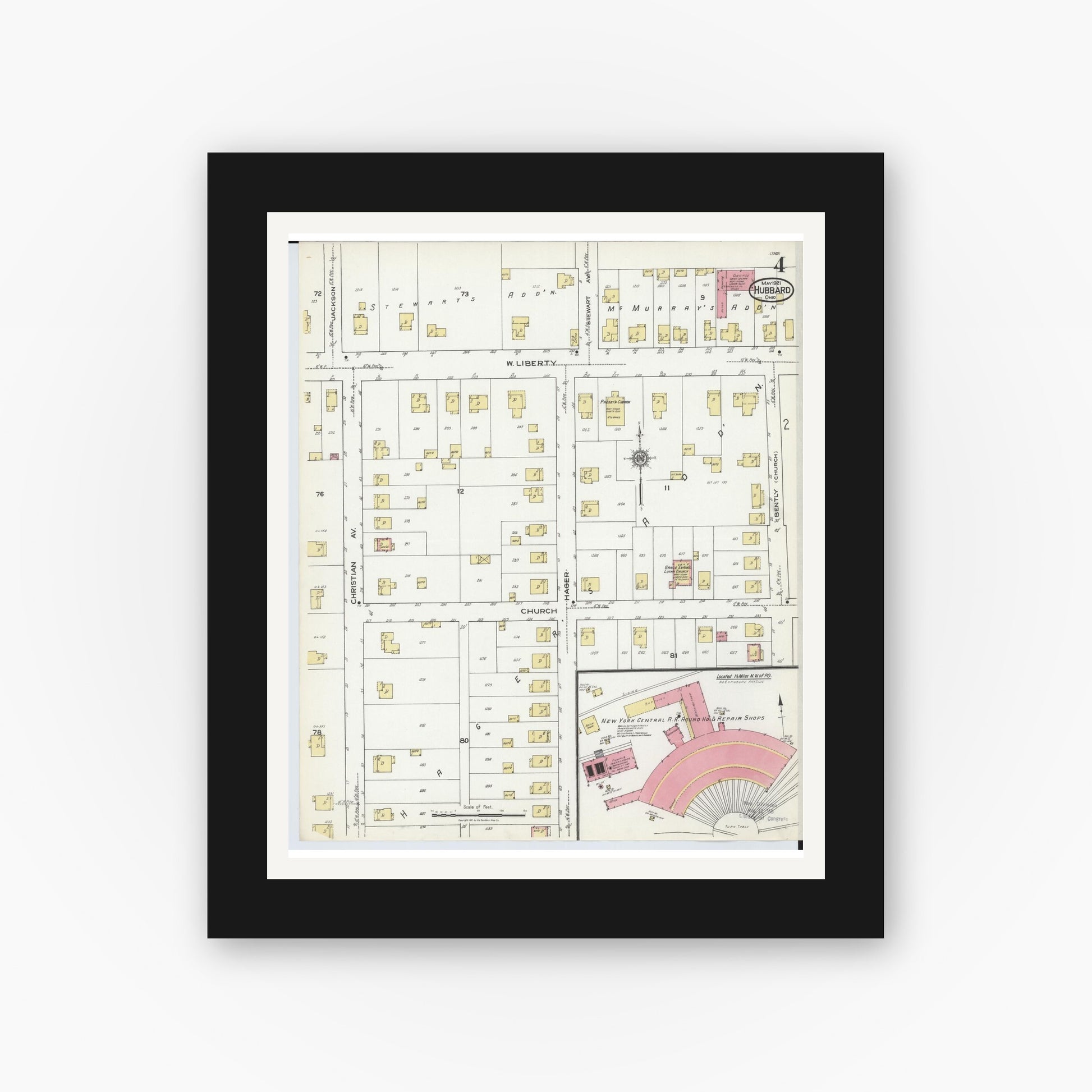 Old map wall art mockup — black gallery frame with white mat — Sanborn Fire Insurance Map from Hubbard, Trumbull County, Ohio (1921), Sheet #0004