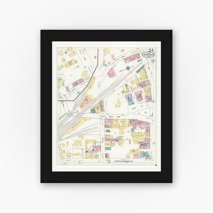 Old map wall art mockup — black gallery frame with white mat — Sanborn Fire Insurance Map from Greenfield, Franklin County, Massachusetts (1909), Sheet #0024
