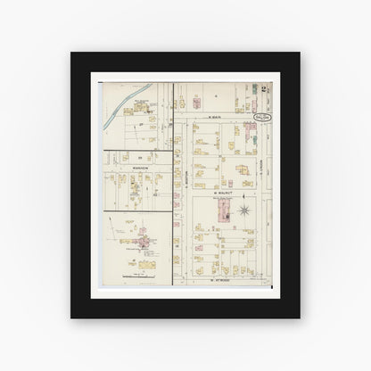 Old map wall art mockup — black gallery frame with white mat — Sanborn Fire Insurance Map from Galion, Crawford County, Ohio (1887), Sheet #0002