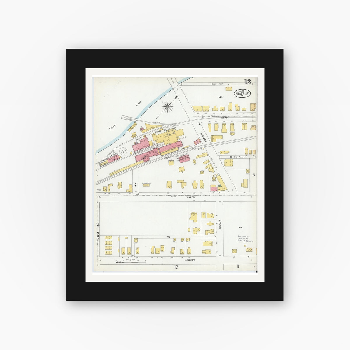Old map wall art mockup — black gallery frame with white mat — Sanborn Fire Insurance Map from Meadville, Crawford County, Pennsylvania (1901), Sheet #0013