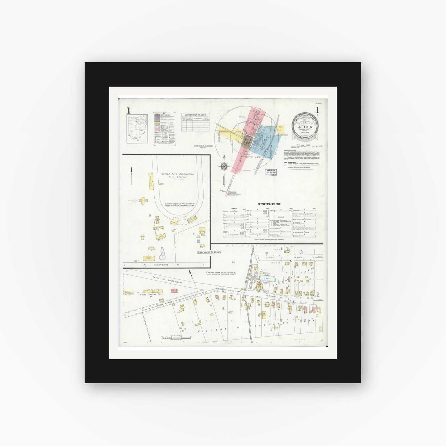 Old map wall art mockup — black gallery frame with white mat — Sanborn Fire Insurance Map from Attica, Seneca County, Ohio (1938), Sheet #0001