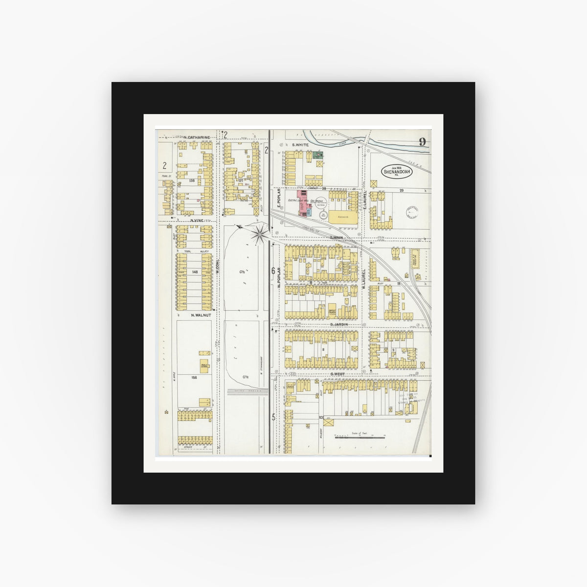 Old map wall art mockup — black gallery frame with white mat — Sanborn Fire Insurance Map from Shenandoah, Schuylkill County, Pennsylvania (1902), Sheet #0009