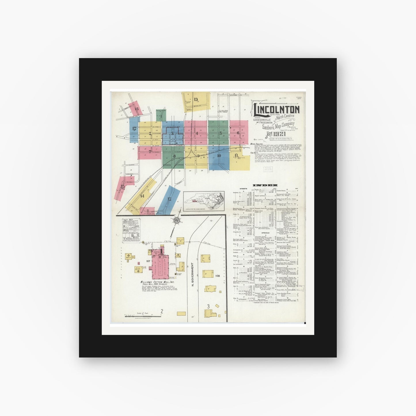 Old map wall art mockup — black gallery frame with white mat — Sanborn Fire Insurance Map from Lincolnton, Lincoln County, North Carolina (1921) - Complete Map Set