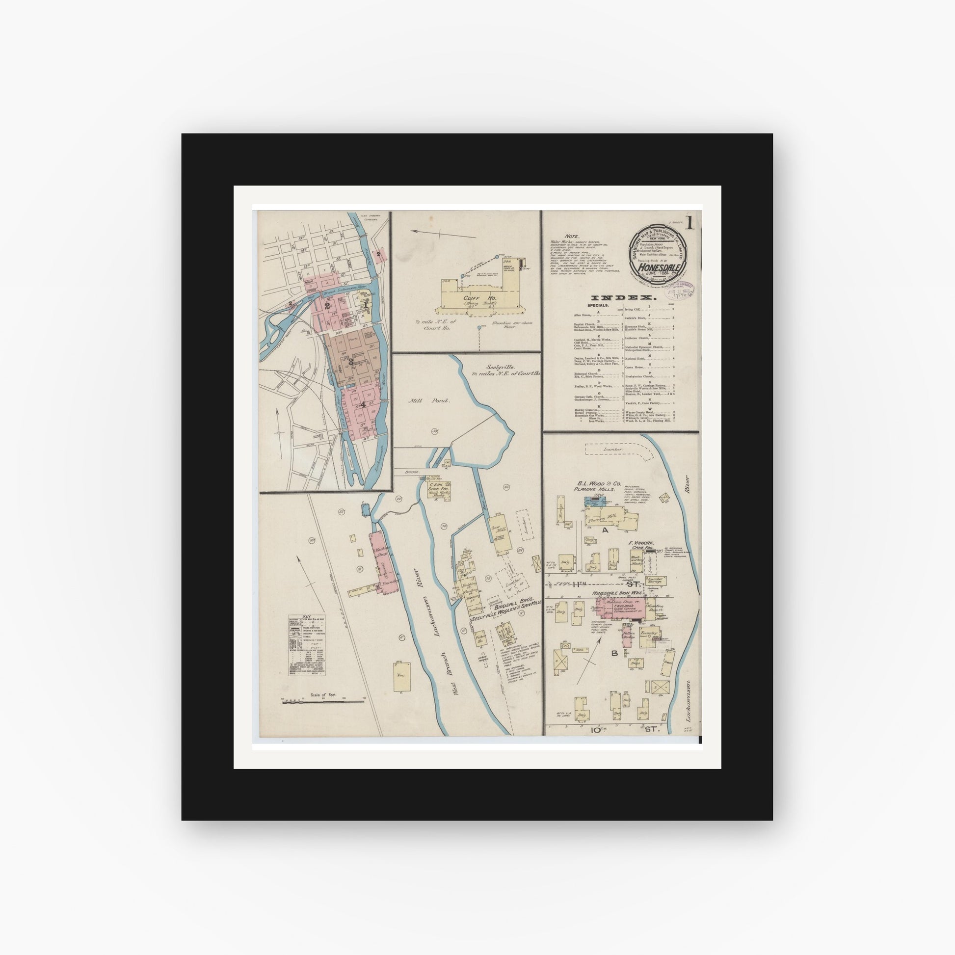 Old map wall art mockup — black gallery frame with white mat — Sanborn Fire Insurance Map from Honesdale, Wayne County, Pennsylvania (1885), Sheet #0001
