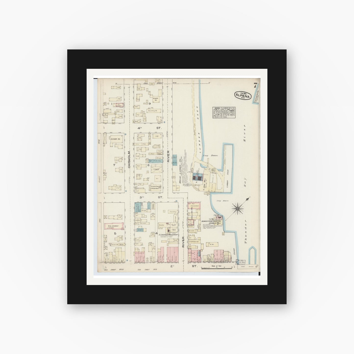 Old map wall art mockup — black gallery frame with white mat — Sanborn Fire Insurance Map from Alpena, Alpena County, Michigan (1884), Sheet #0007