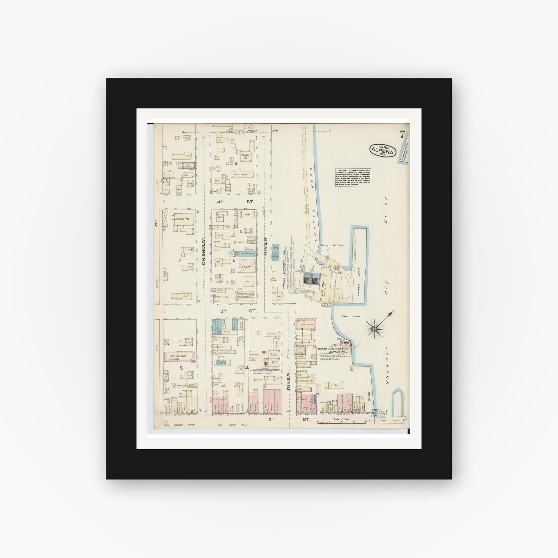 Old map wall art mockup — black gallery frame with white mat — Sanborn Fire Insurance Map from Alpena, Alpena County, Michigan (1884), Sheet #0007