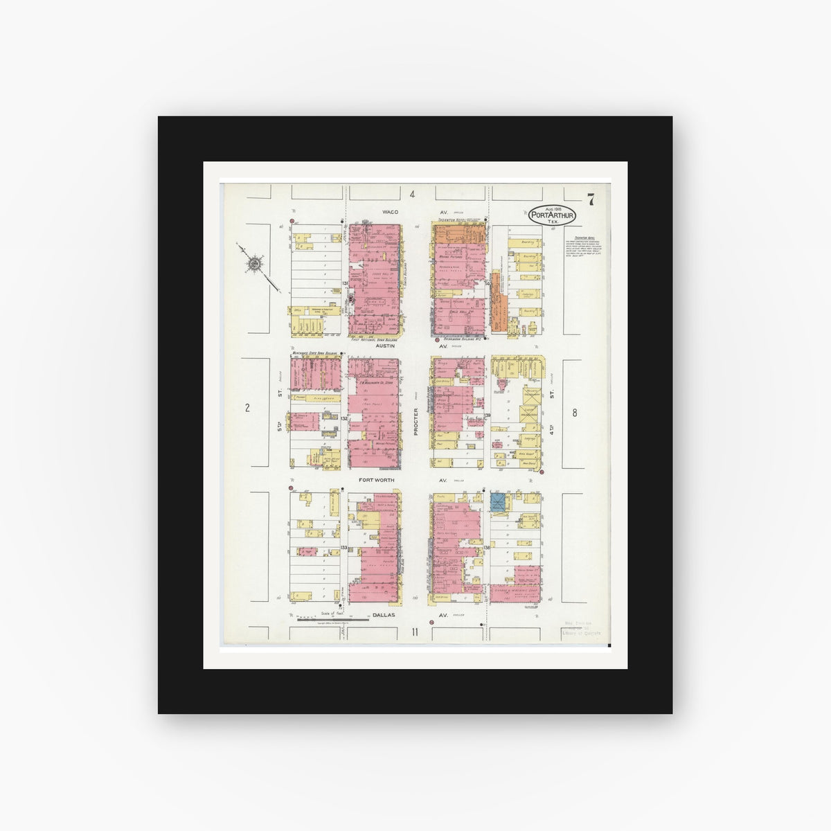 Old map wall art mockup — black gallery frame with white mat — Sanborn Fire Insurance Map from Port Arthur, Jefferson County, Texas (1918), Sheet #0007
